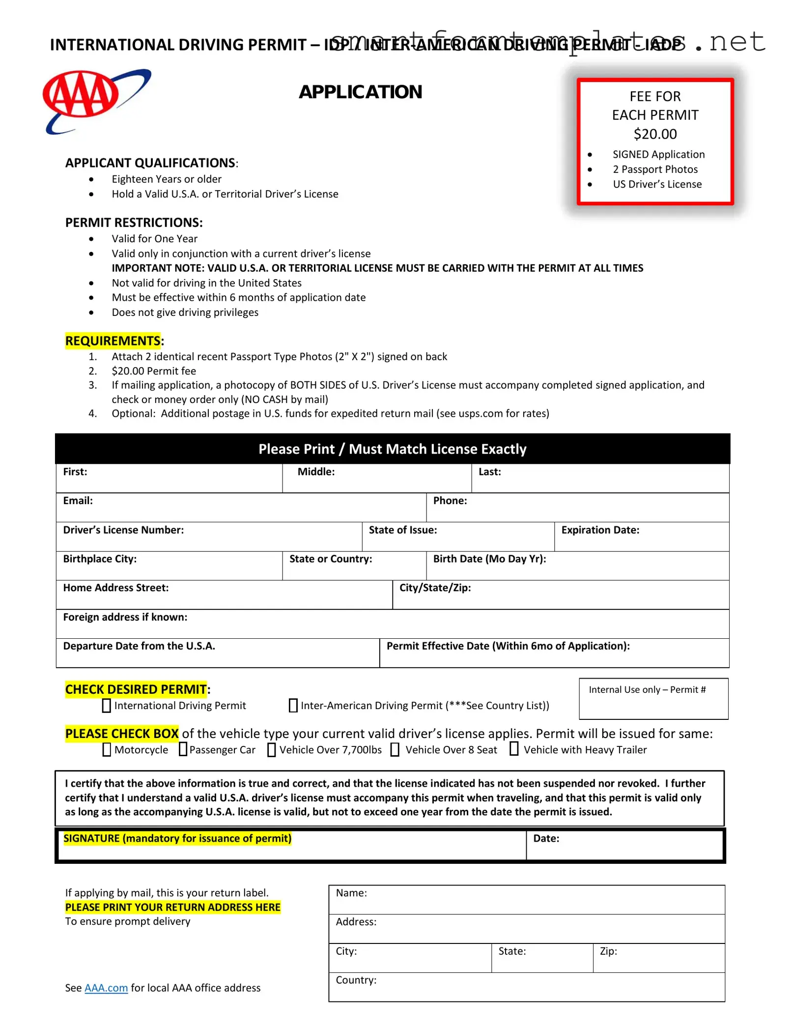 Free Aaa International Driving Permit Application PDF Form
