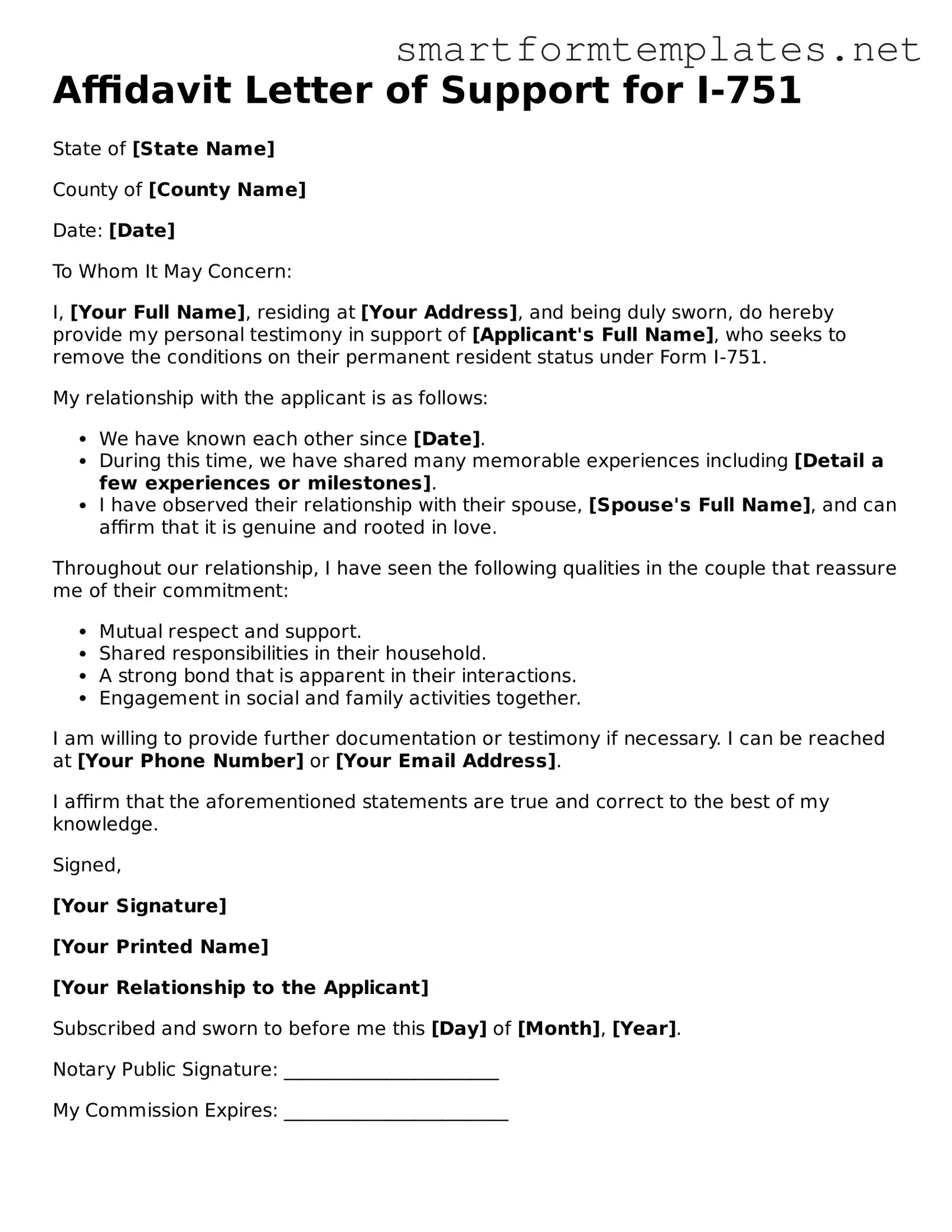 Affidavit Letter of Support for I-751 Template