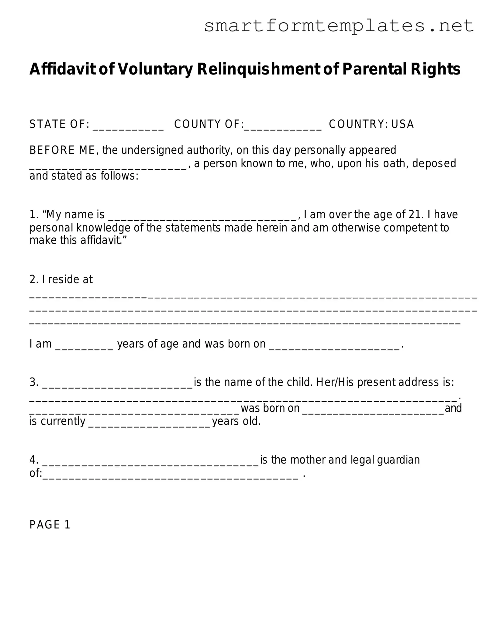 Free Affidavit Parental Rights PDF Form