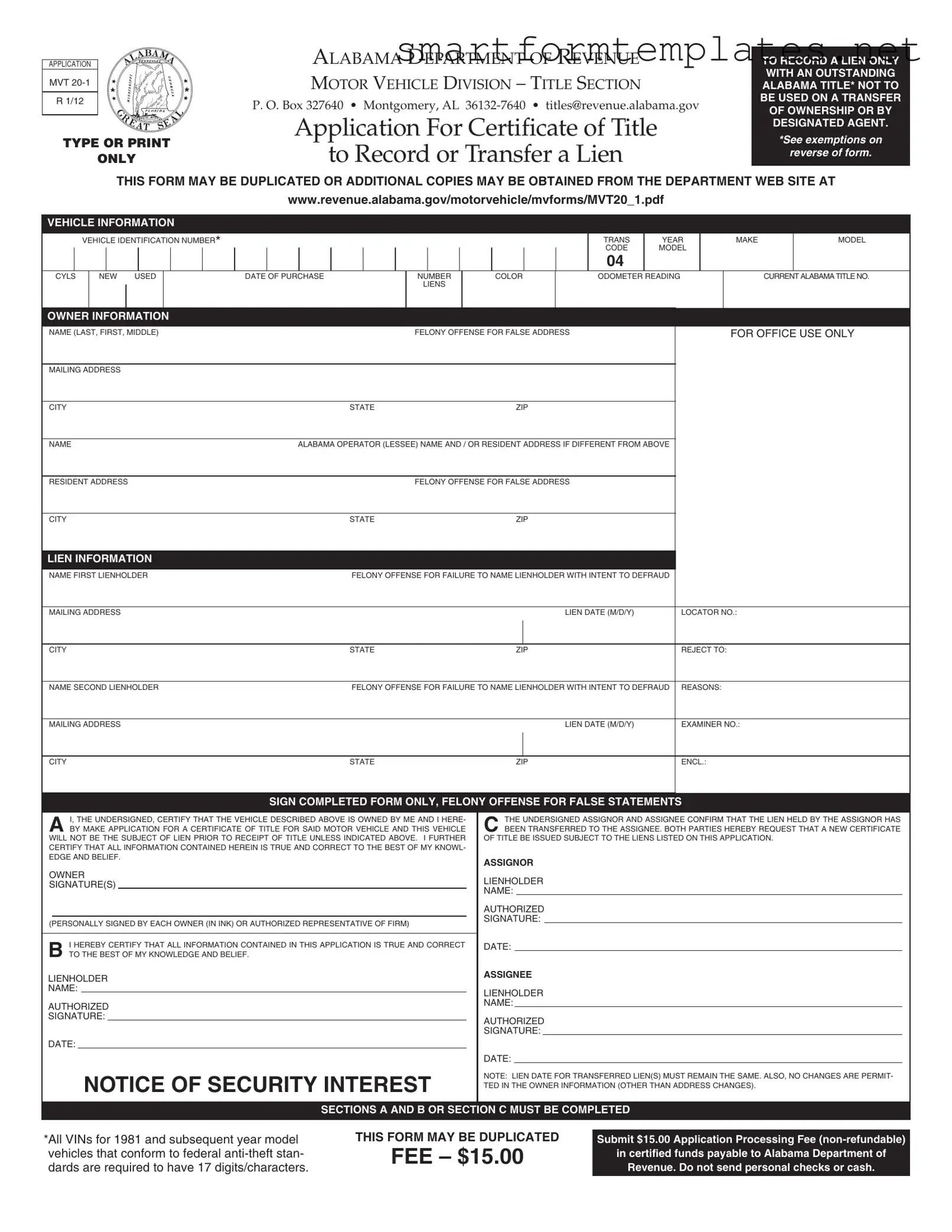 Free Alabama Mvt 20 1 PDF Form