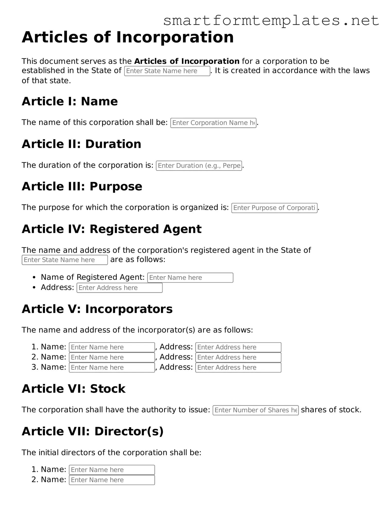 Articles of Incorporation Template