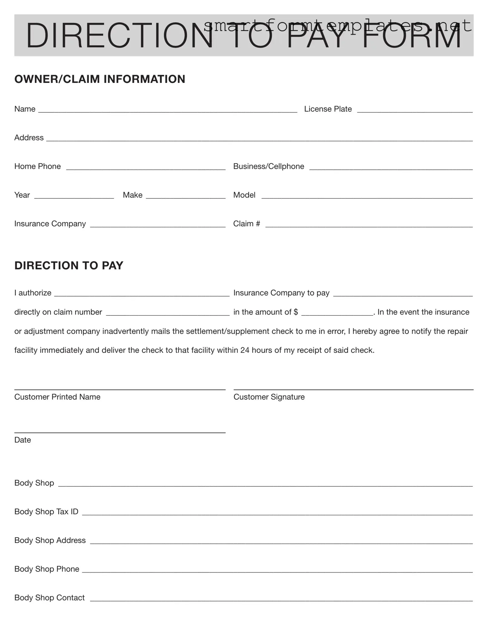 Free Authorization And Direction Pay PDF Form