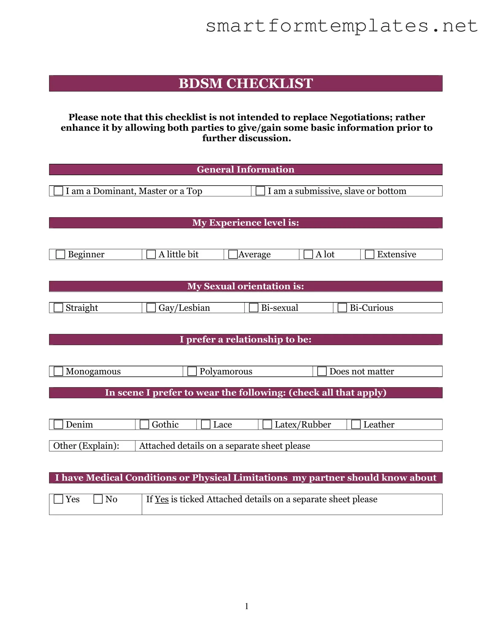 Free Bdsm Checklist PDF Form