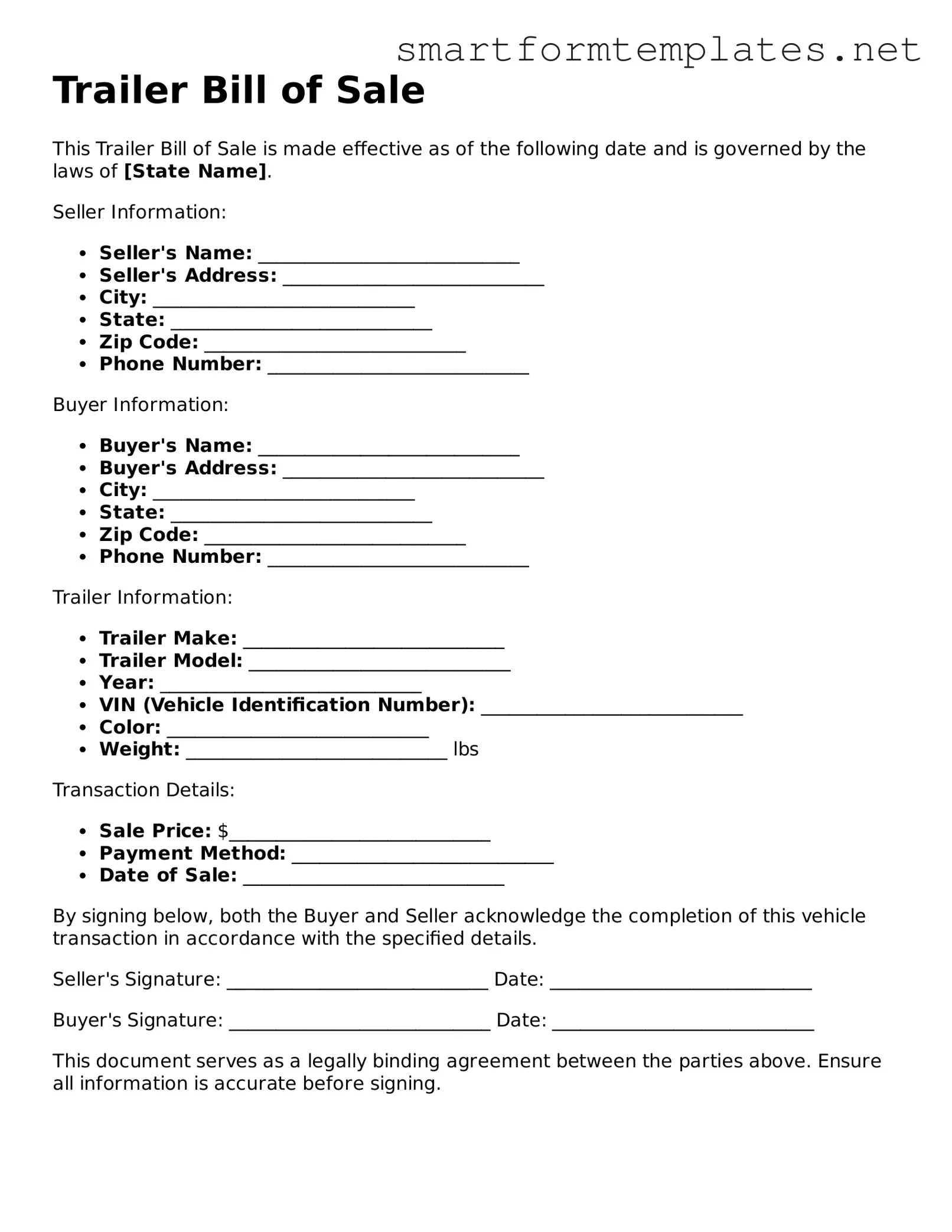 Trailer Bill of Sale Template