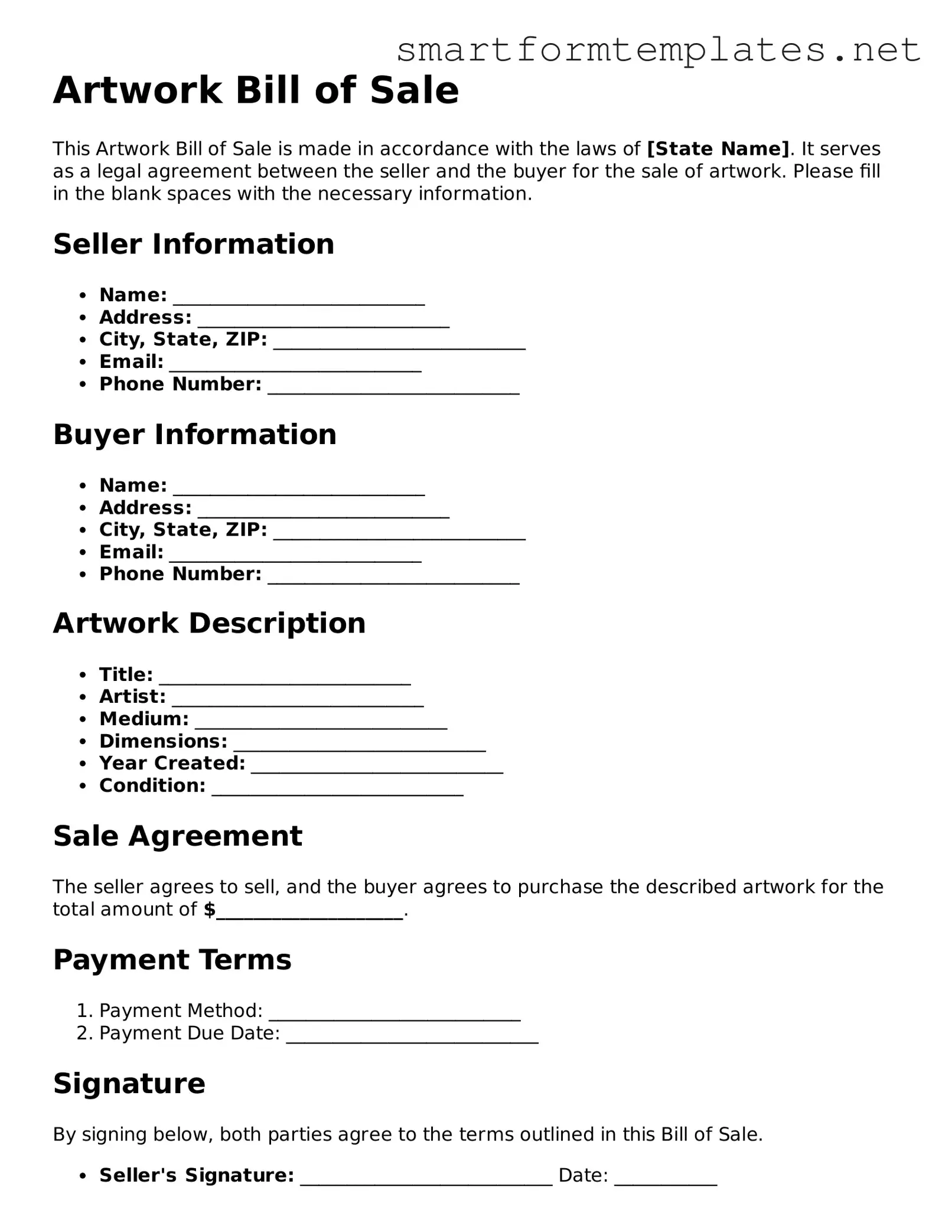 Artwork Bill of Sale Template