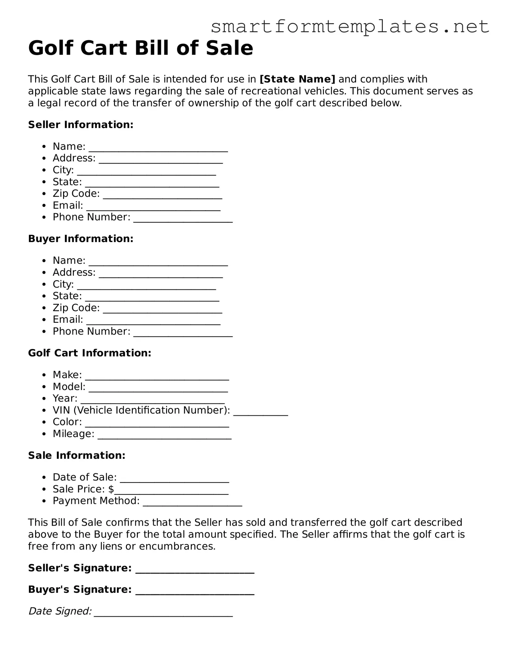 Golf Cart Bill of Sale Template