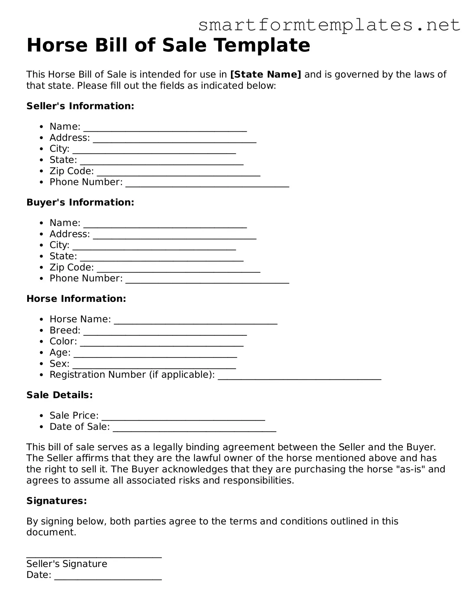 Horse Bill of Sale Template