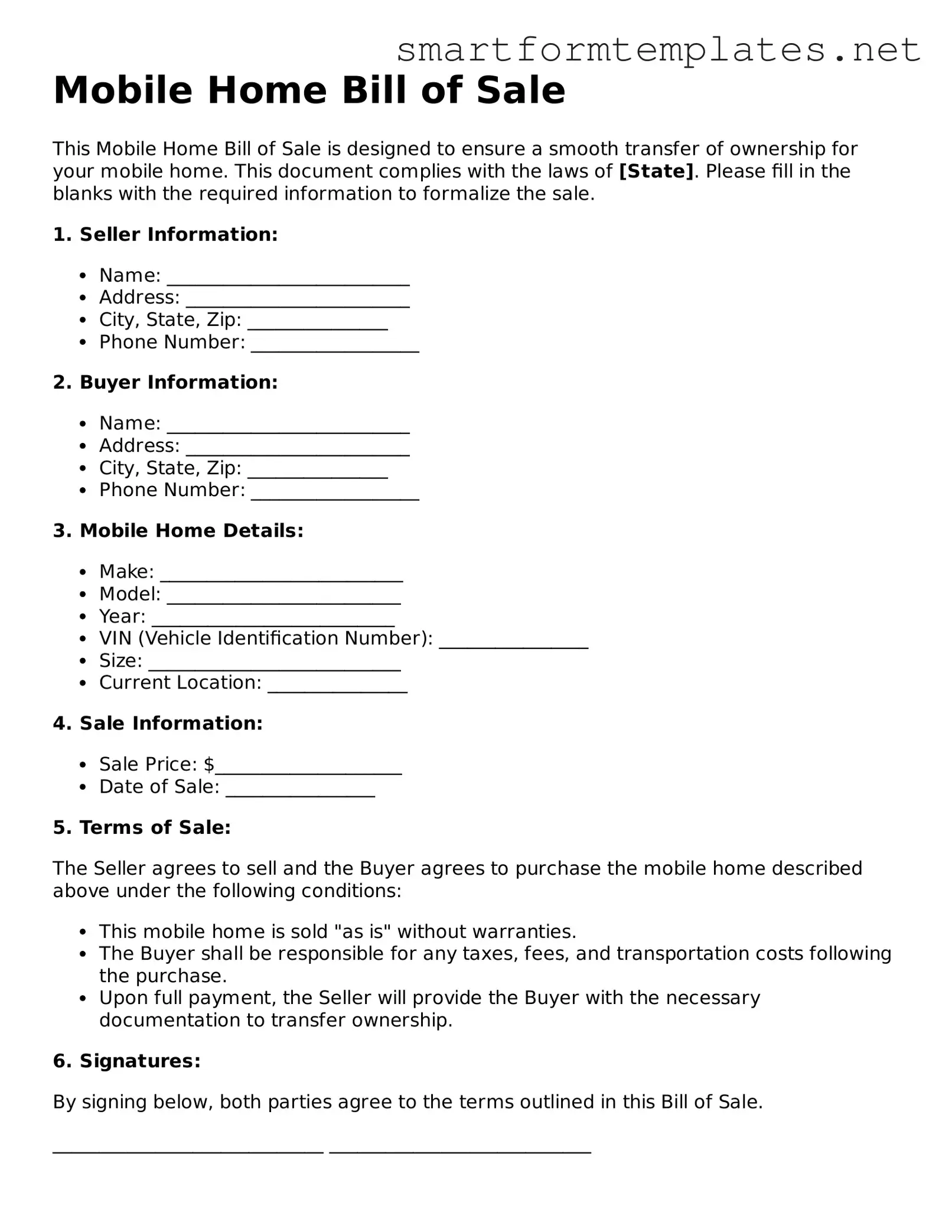 Mobile Home Bill of Sale Template