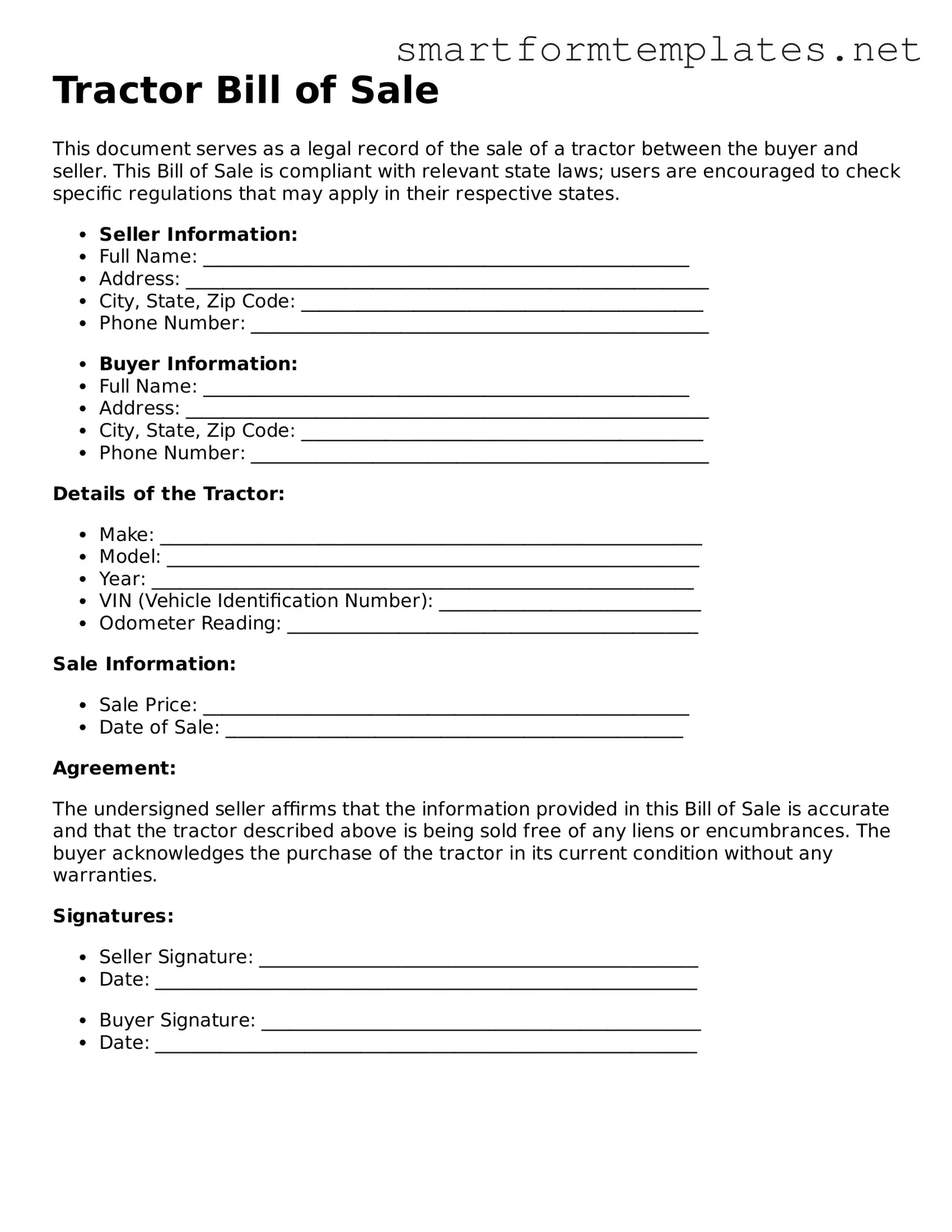 Tractor Bill of Sale Template