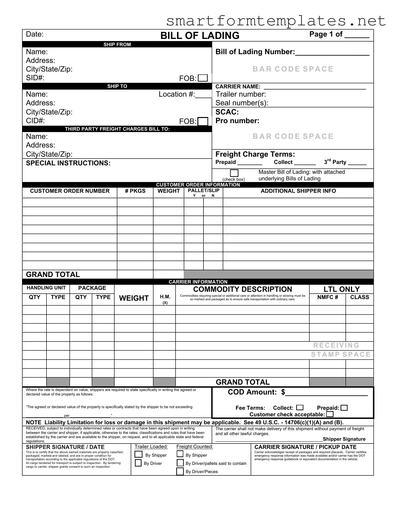 Free Bill of Lading with a Supplement PDF Form