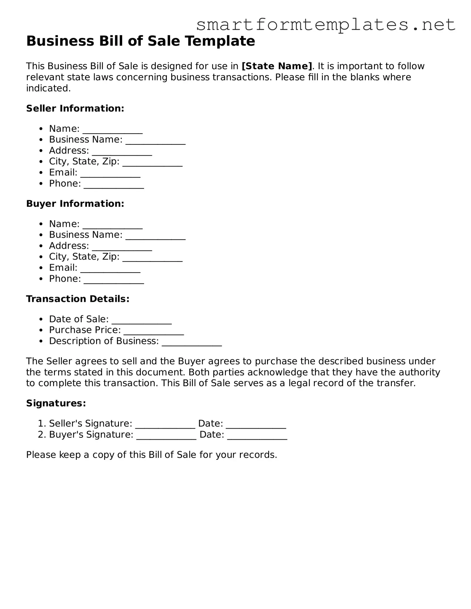 Business Bill of Sale Template