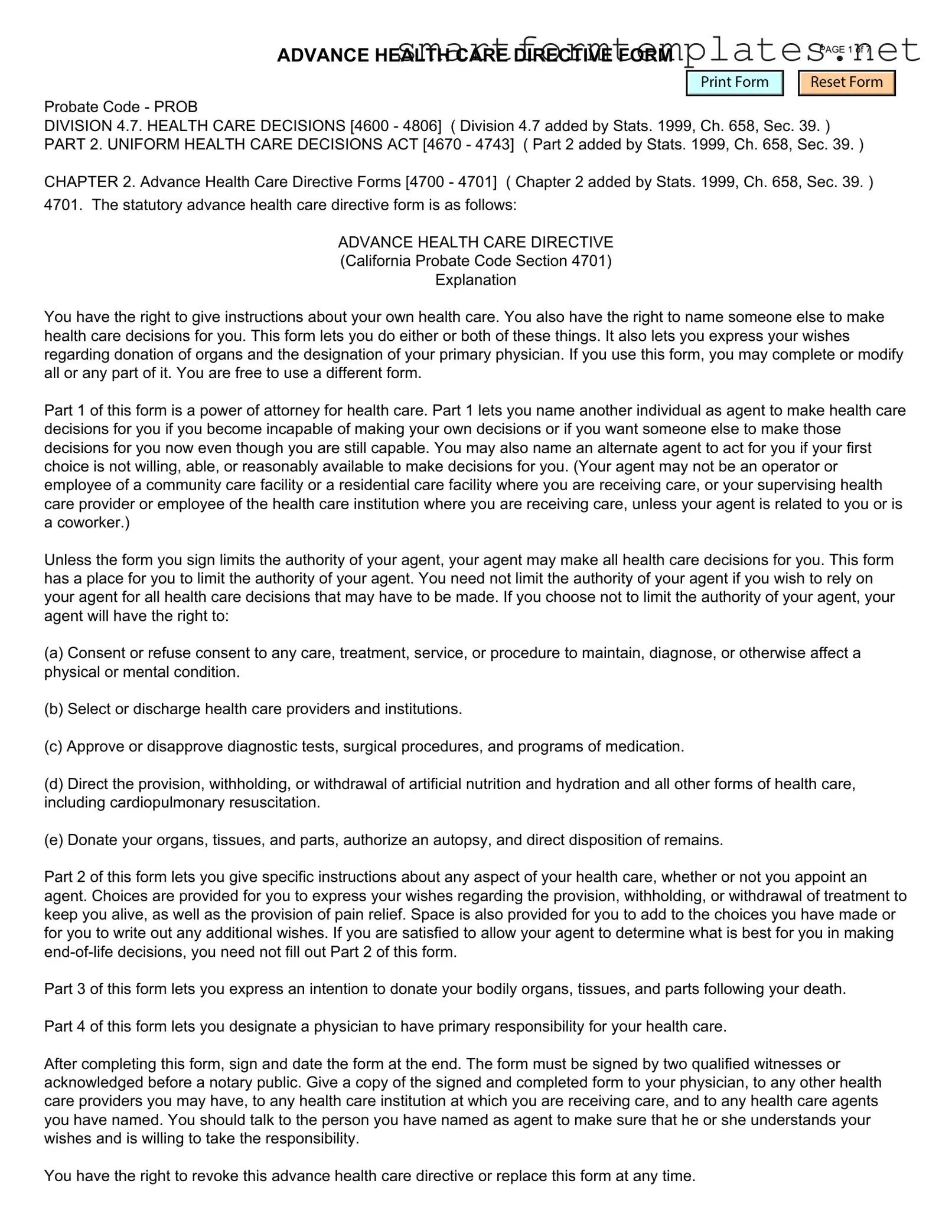 Free California Advanced Health Care Directive PDF Form