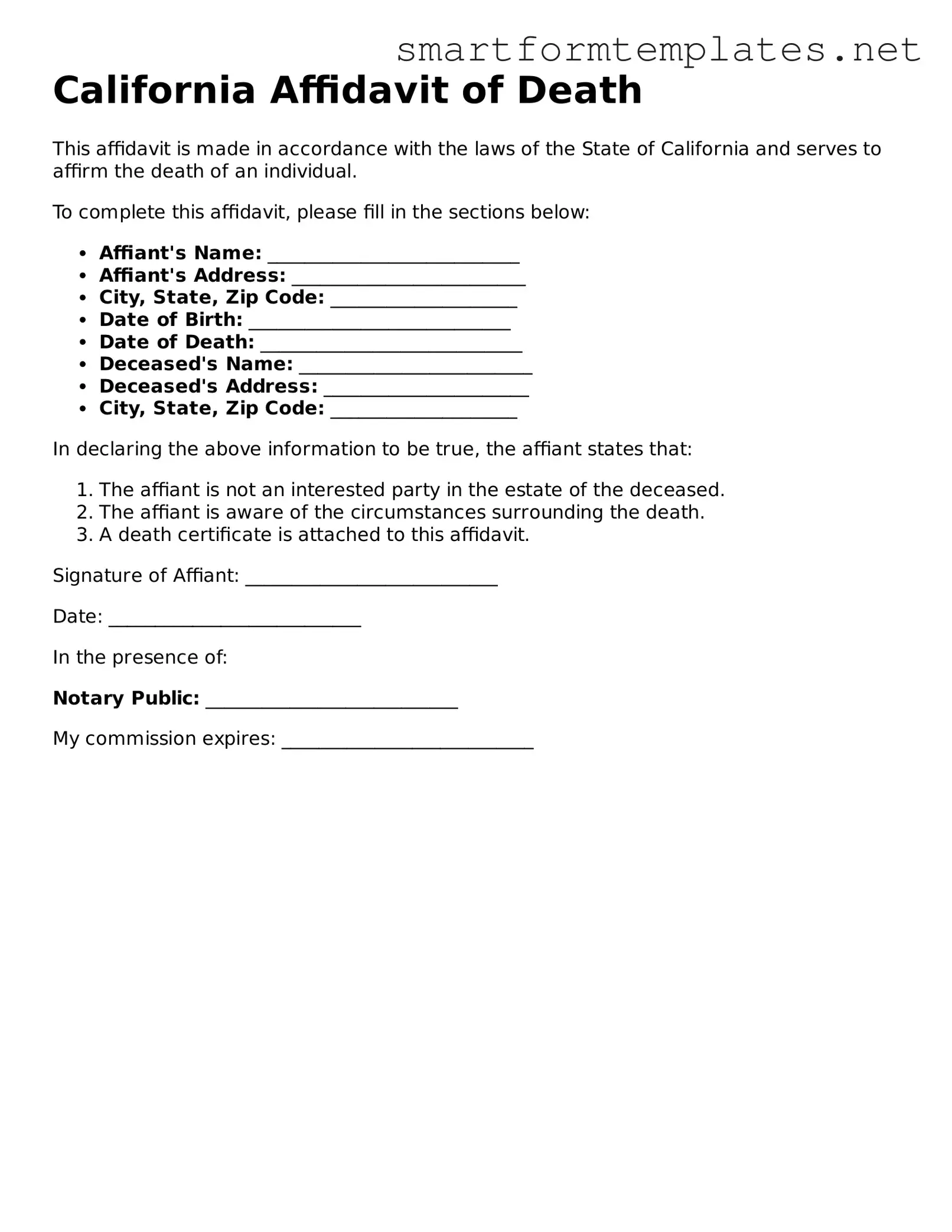 Official California Affidavit of Death Form