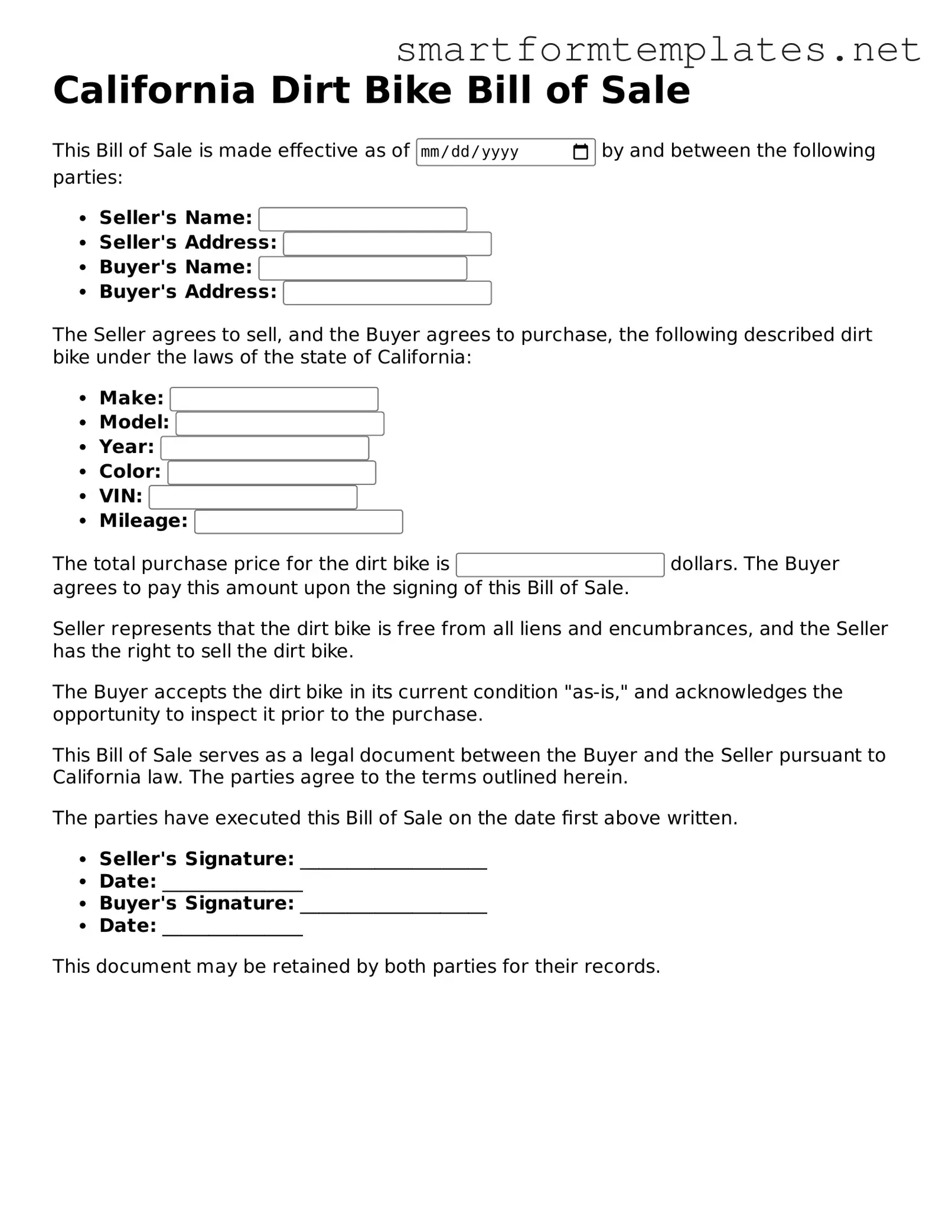 Official California Dirt Bike Bill of Sale Form