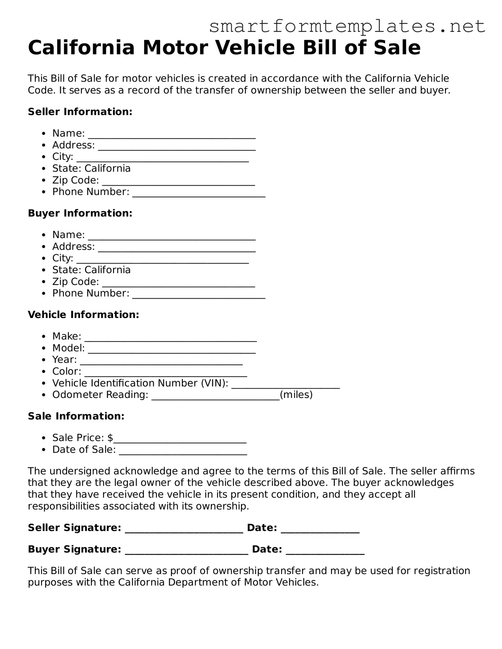 Official California Motor Vehicle Bill of Sale Form