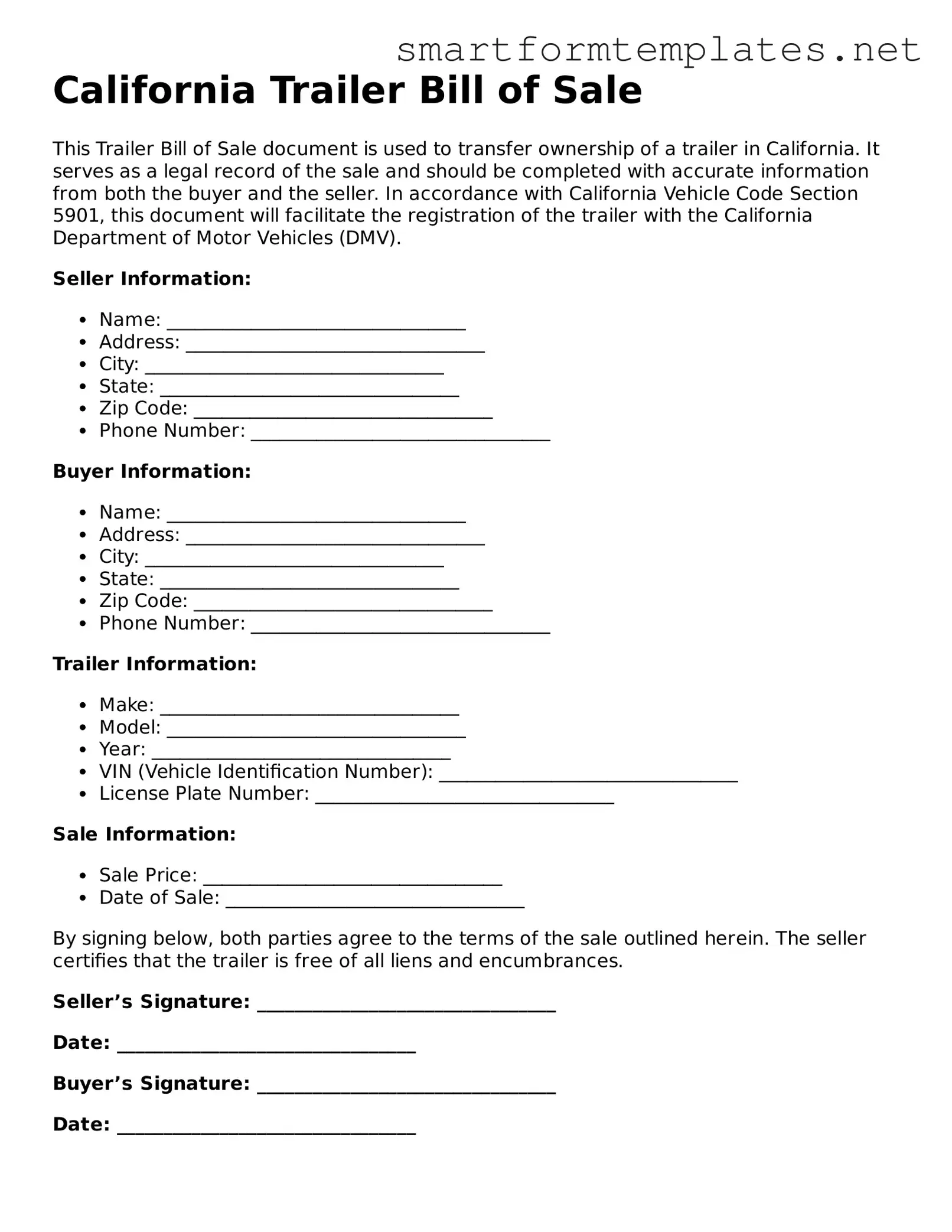 Official California Trailer Bill of Sale Form