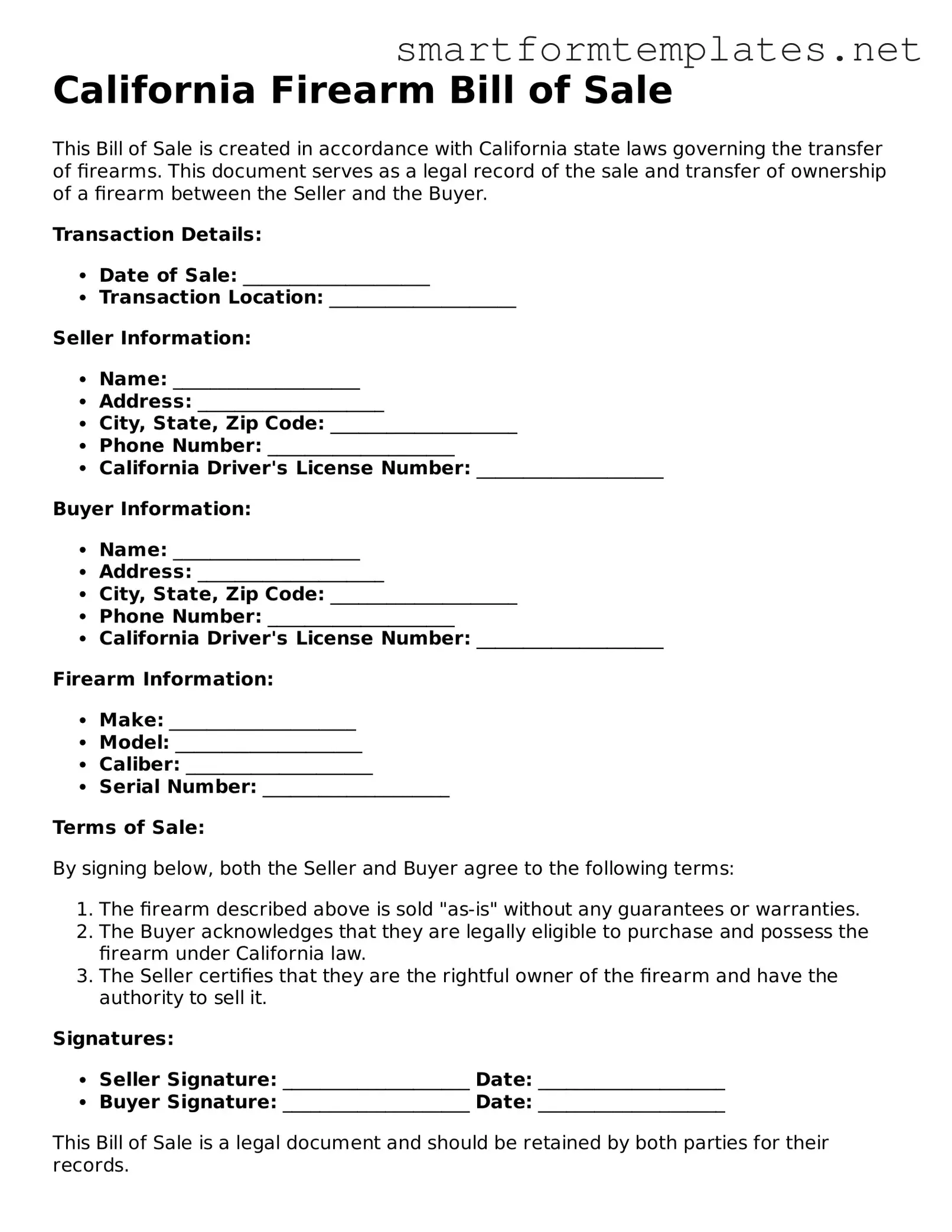 Official California Firearm Bill of Sale Form