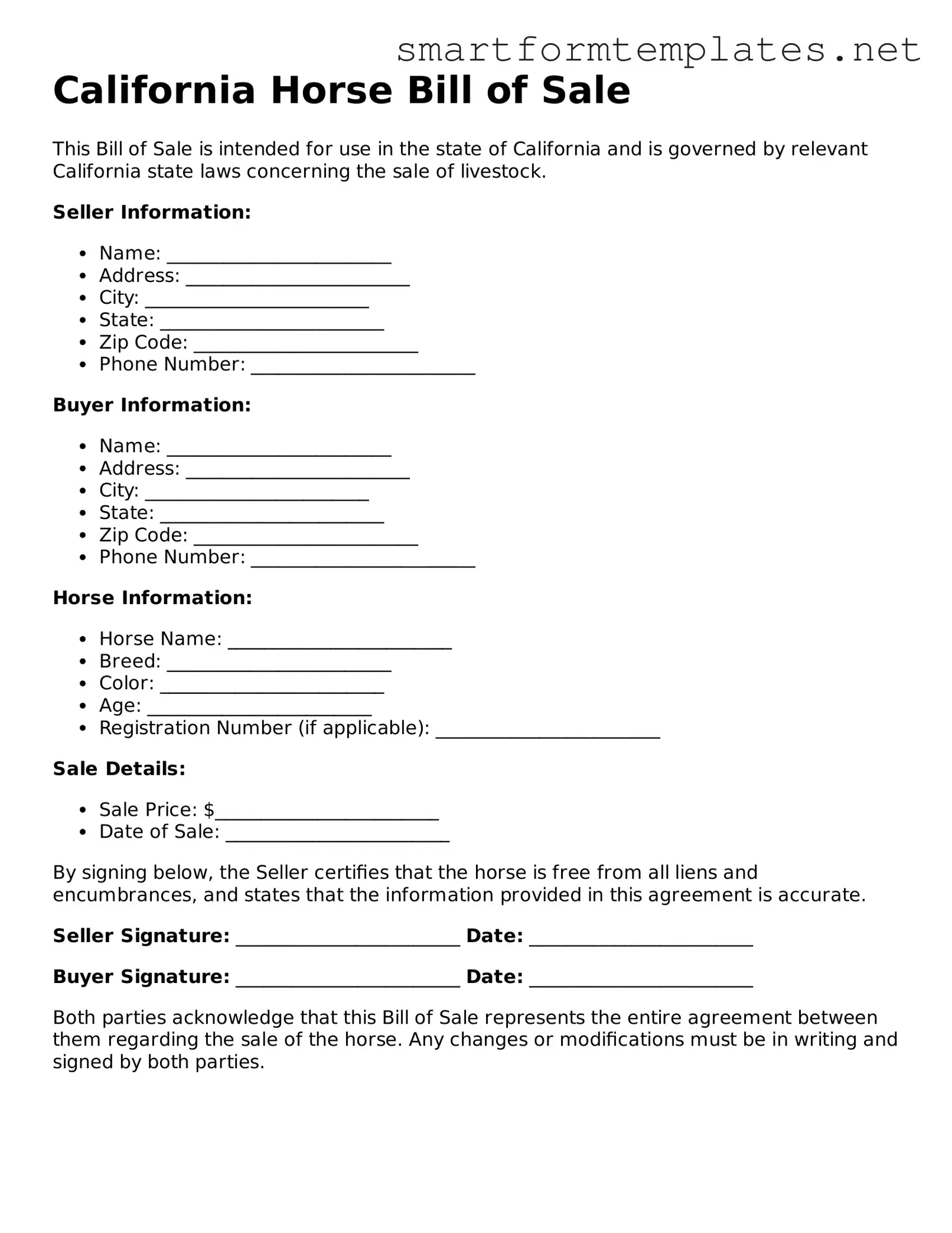 Official California Horse Bill of Sale Form