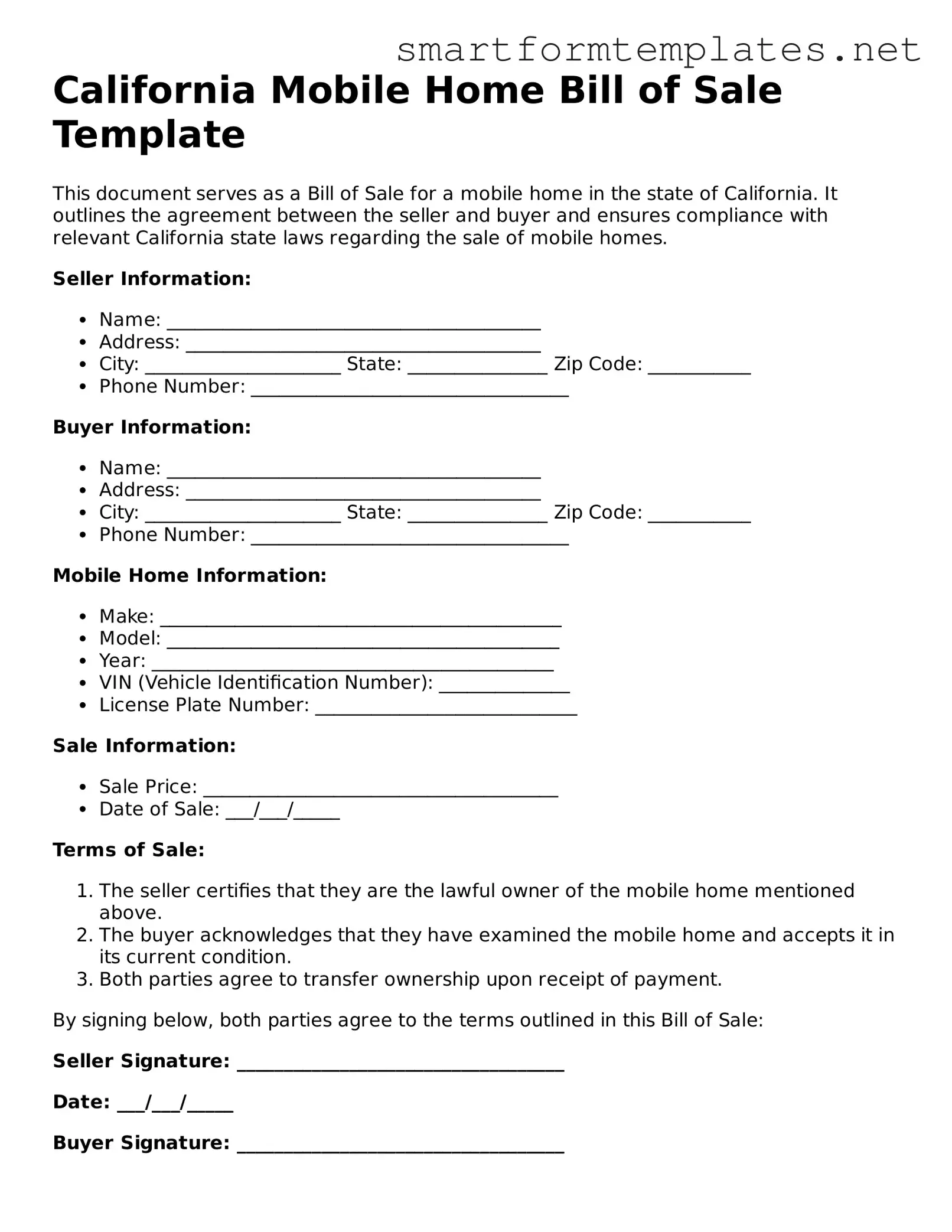 Official California Mobile Home Bill of Sale Form