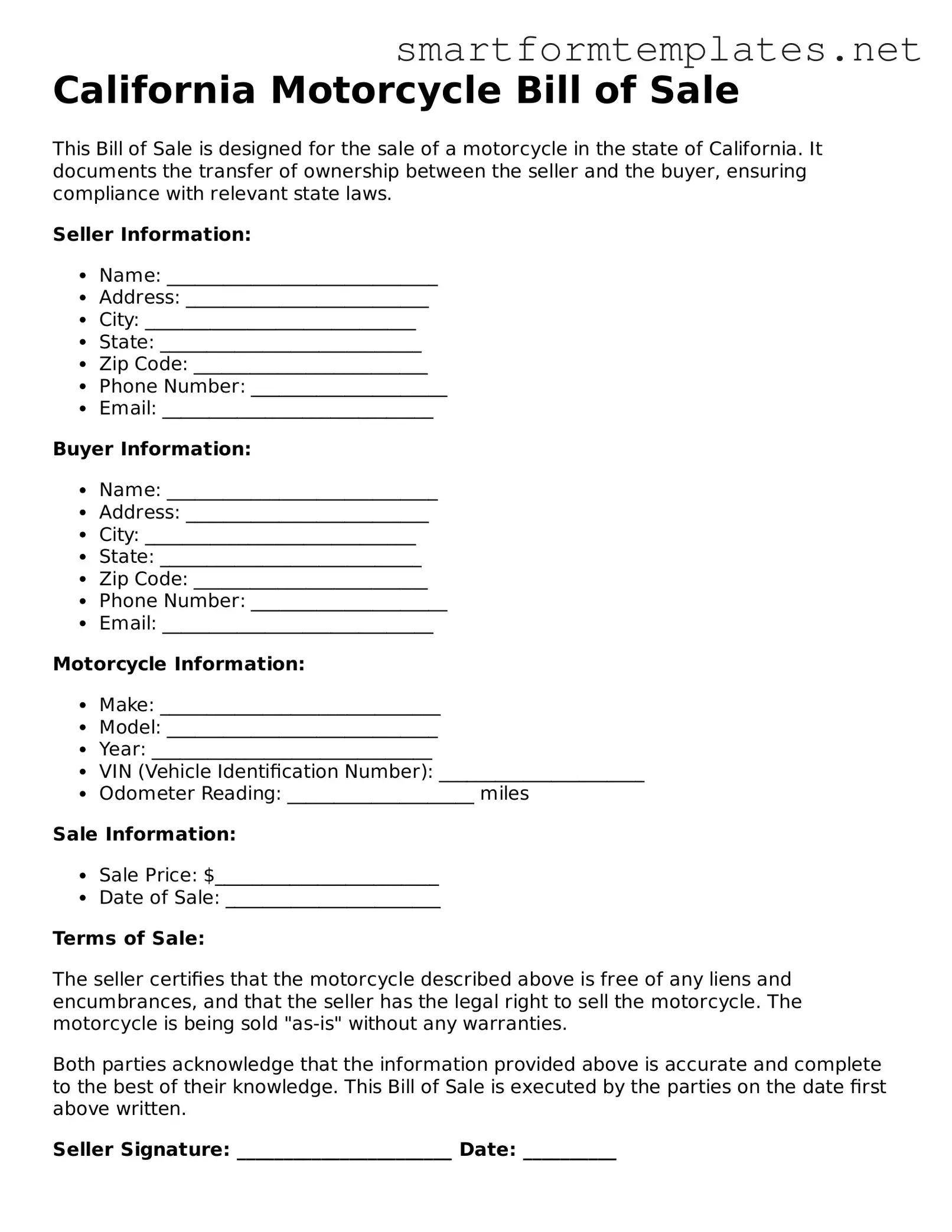Official California Motorcycle Bill of Sale Form