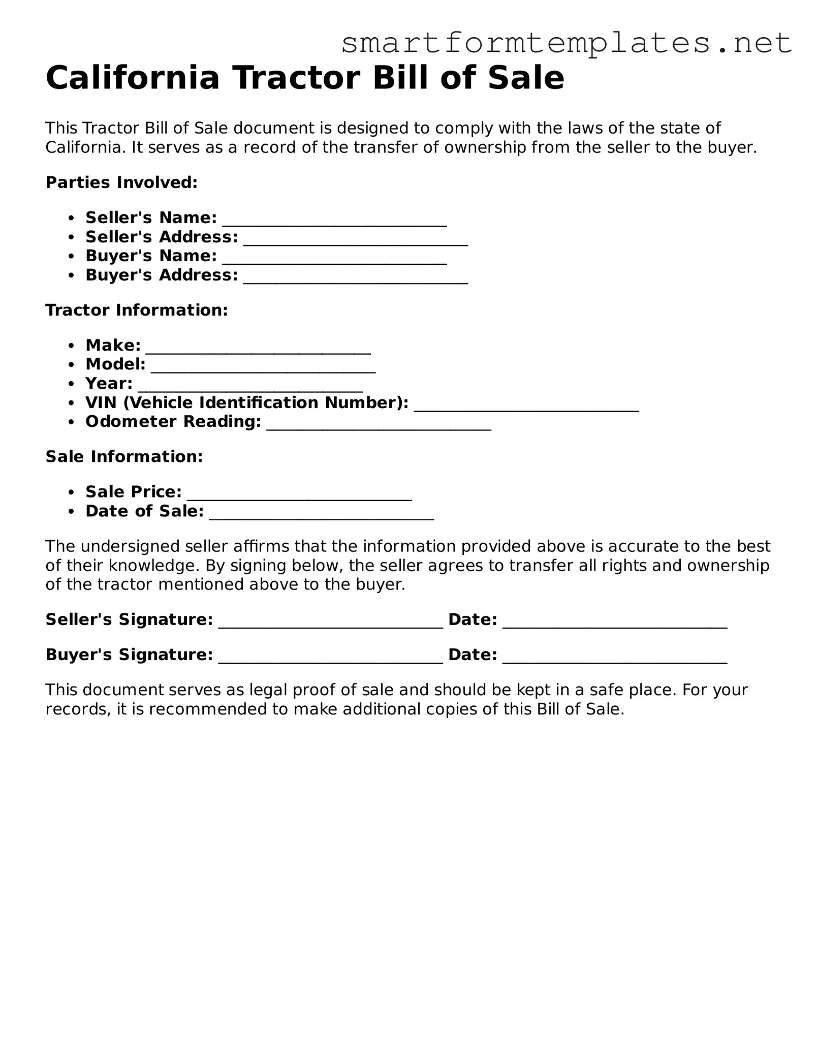 Official California Tractor Bill of Sale Form