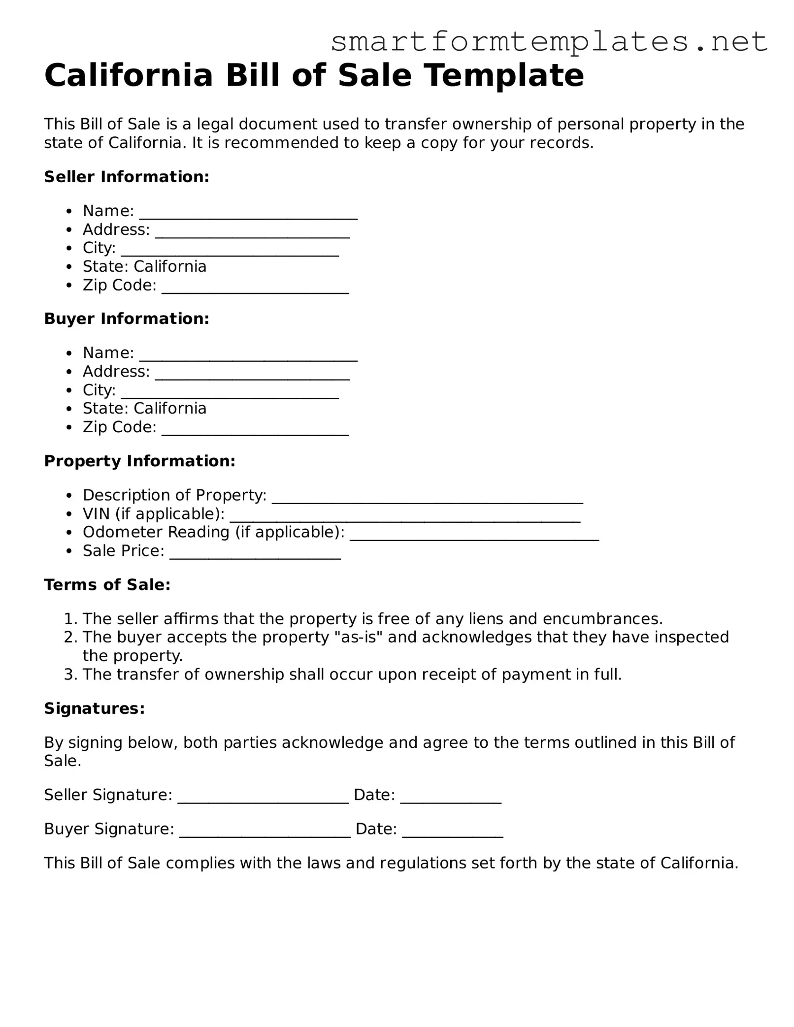 Official California Bill of Sale Form