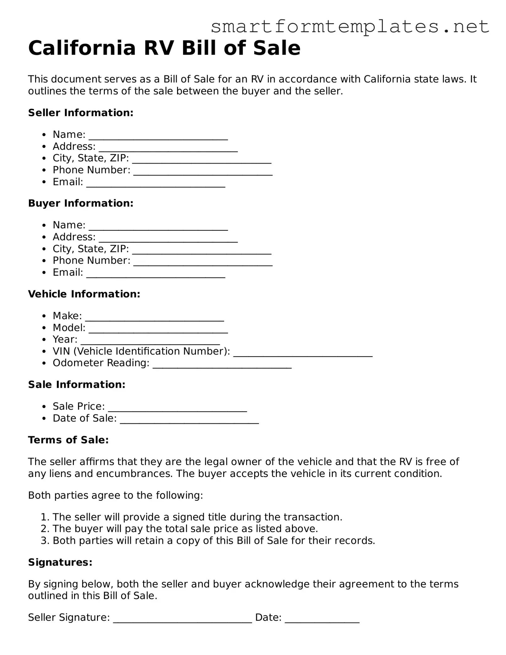Official California RV Bill of Sale Form
