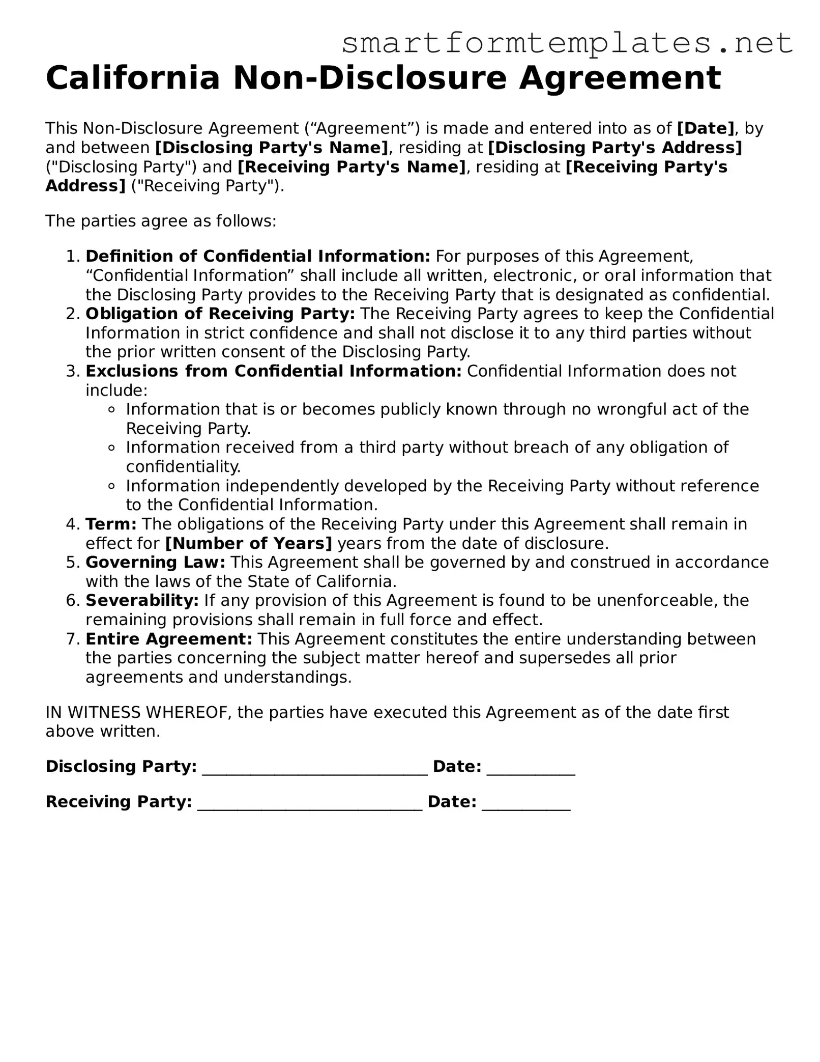 Official California Non-disclosure Agreement Form