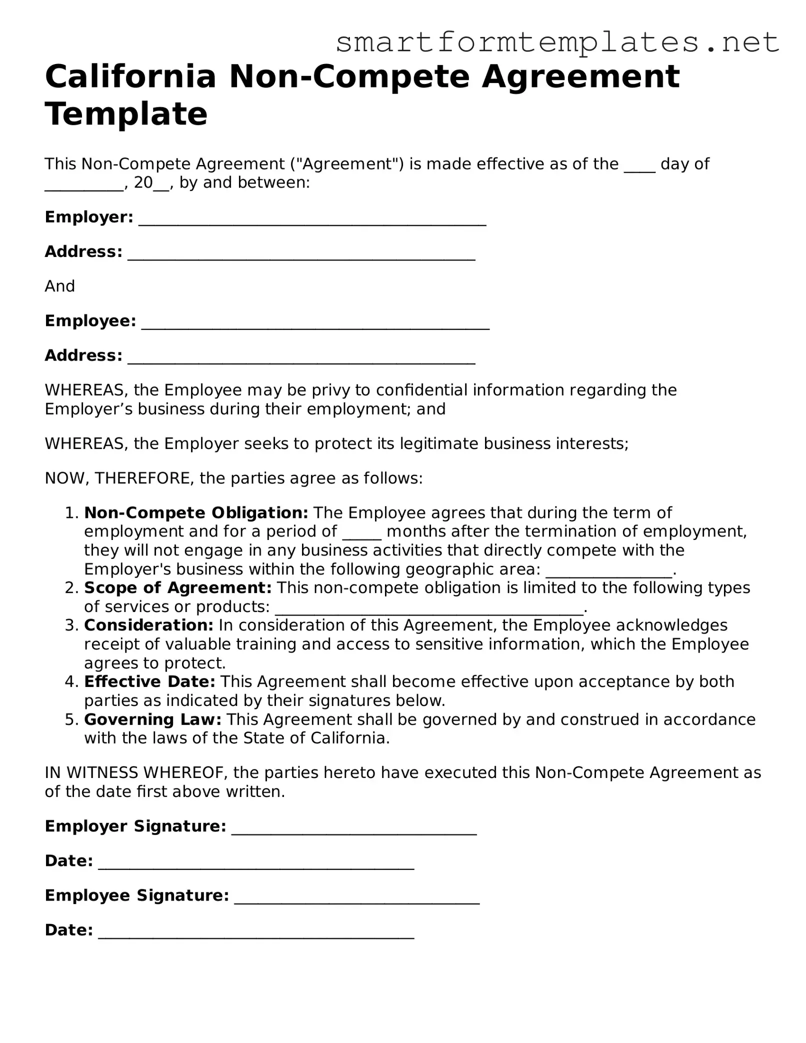 Official California Non-compete Agreement Form