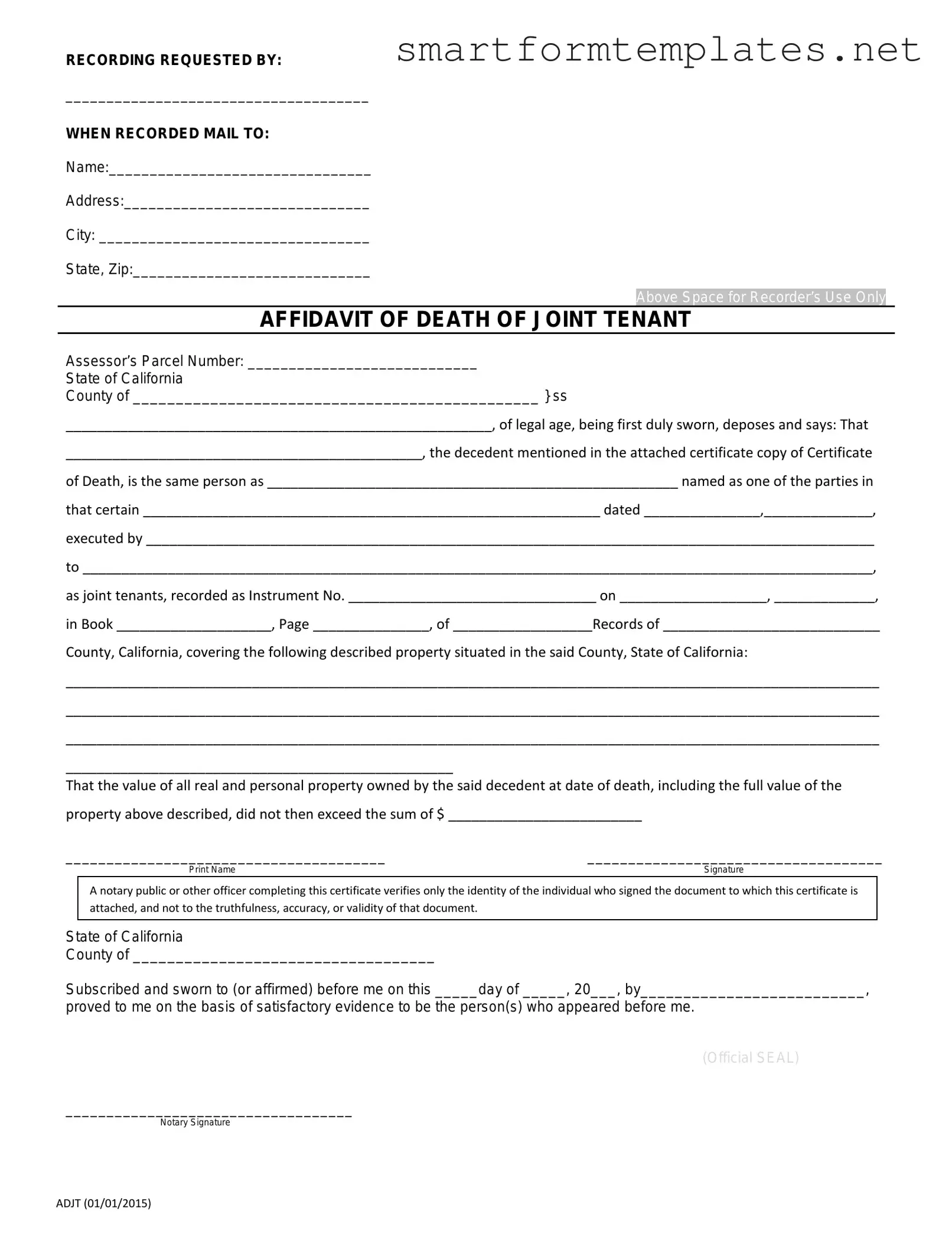 Free California Death of a Joint Tenant Affidavit PDF Form