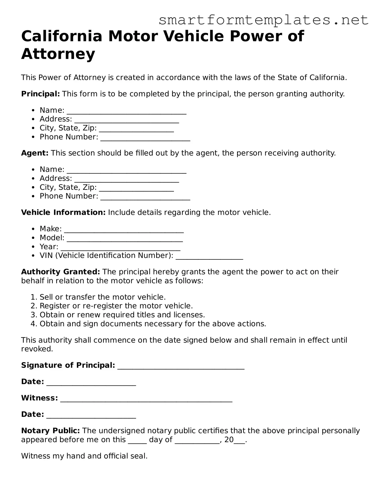 Official California Motor Vehicle Power of Attorney Form