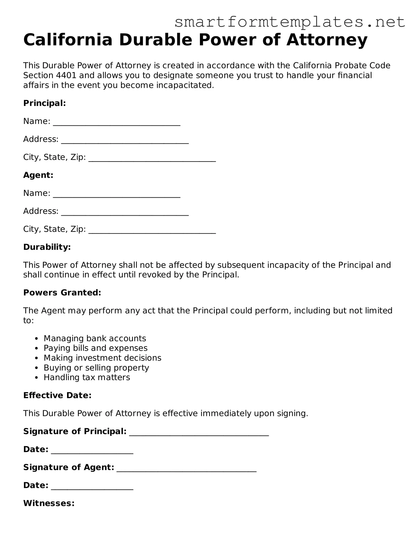 Official California Durable Power of Attorney Form