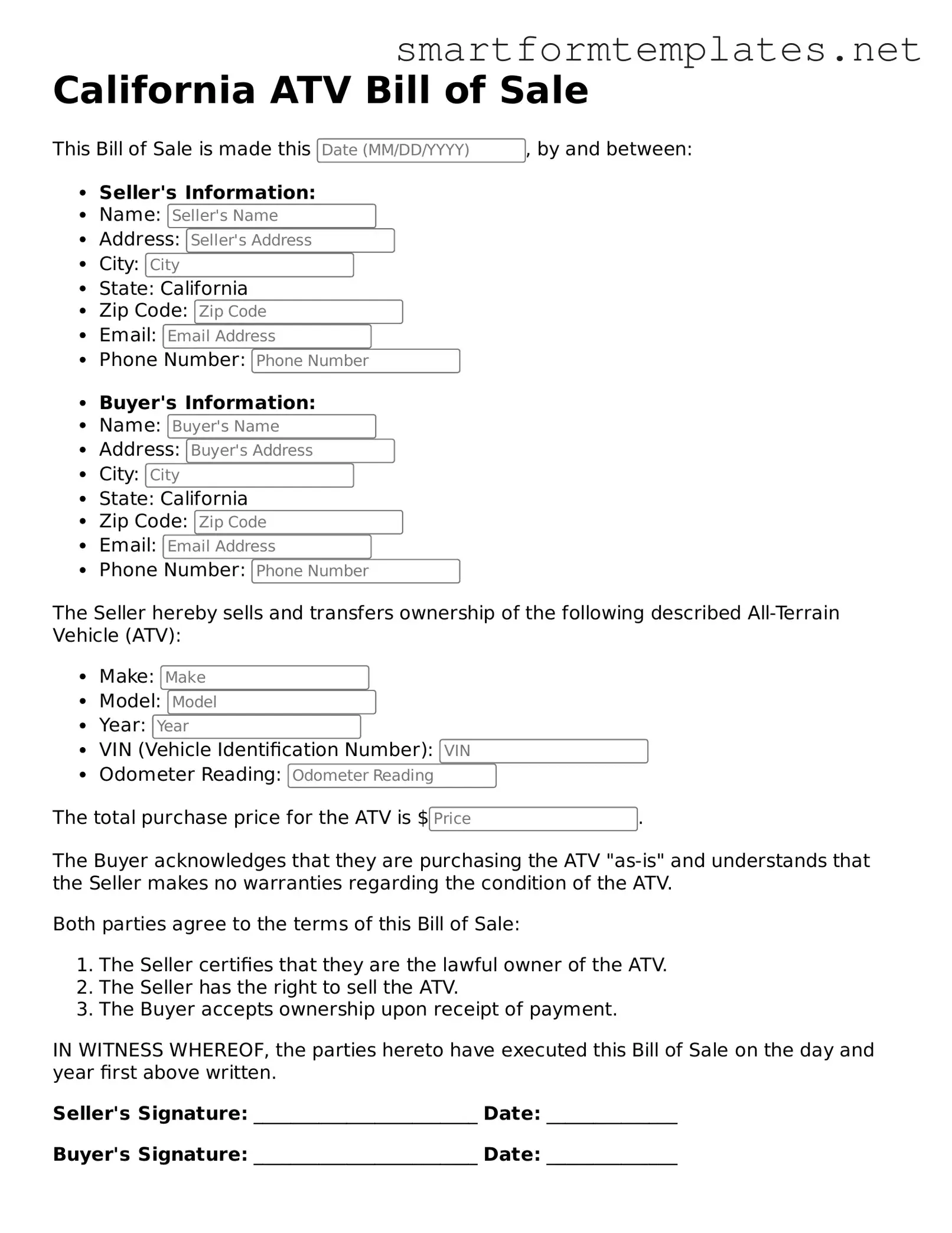 Official California ATV Bill of Sale Form
