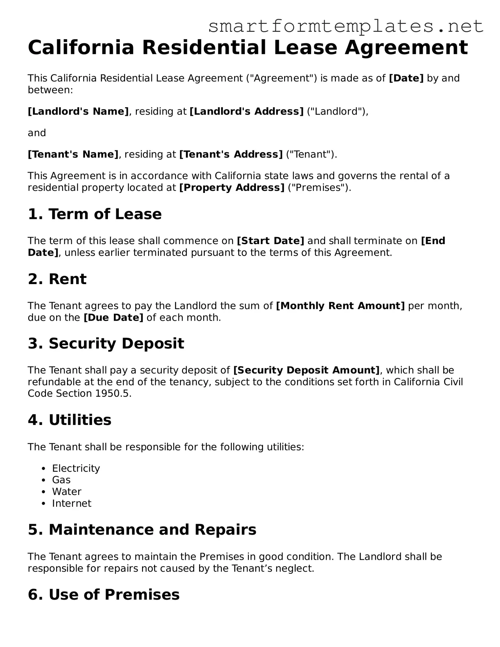 Official California Residential Lease Agreement Form