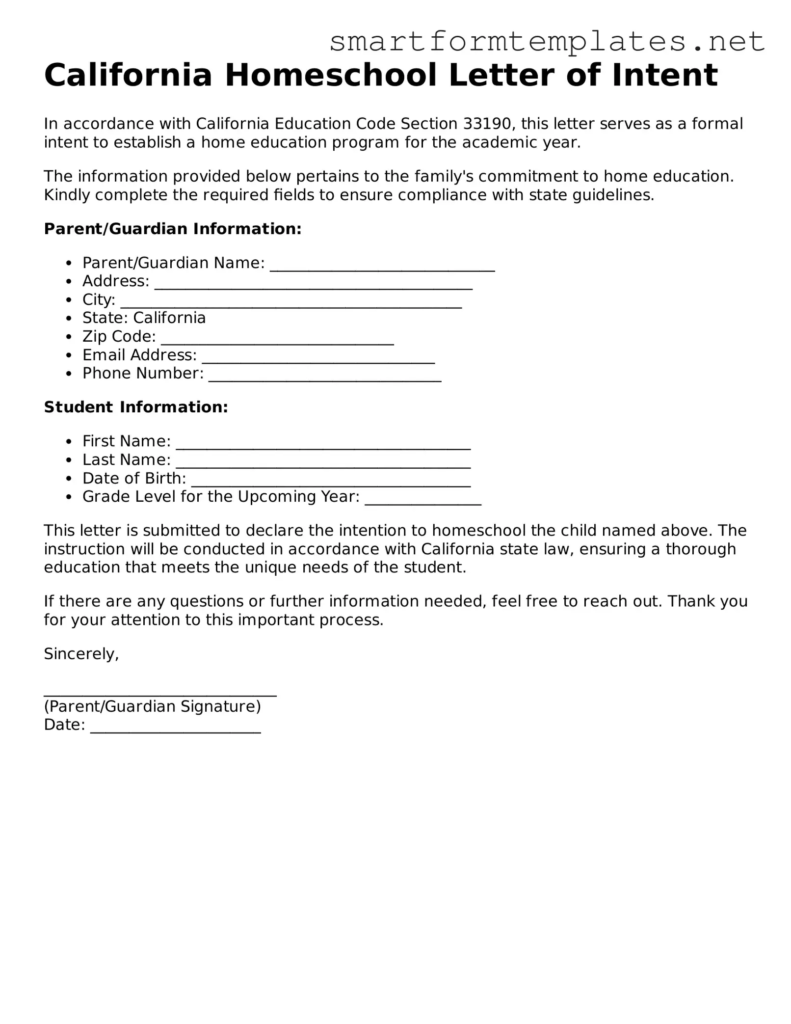 Official California Homeschool Letter of Intent Form