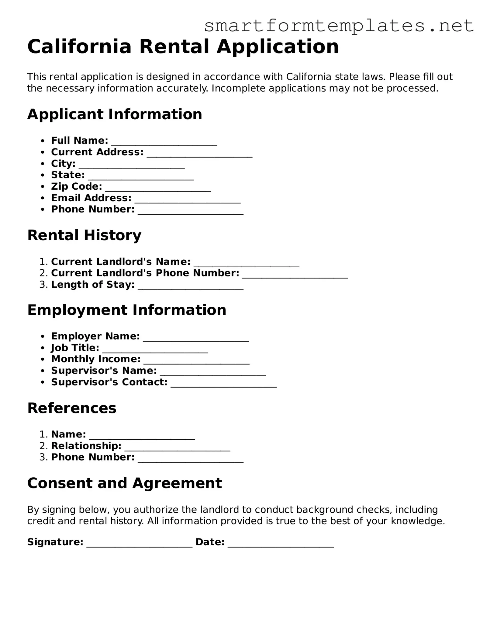 Official California Rental Application Form