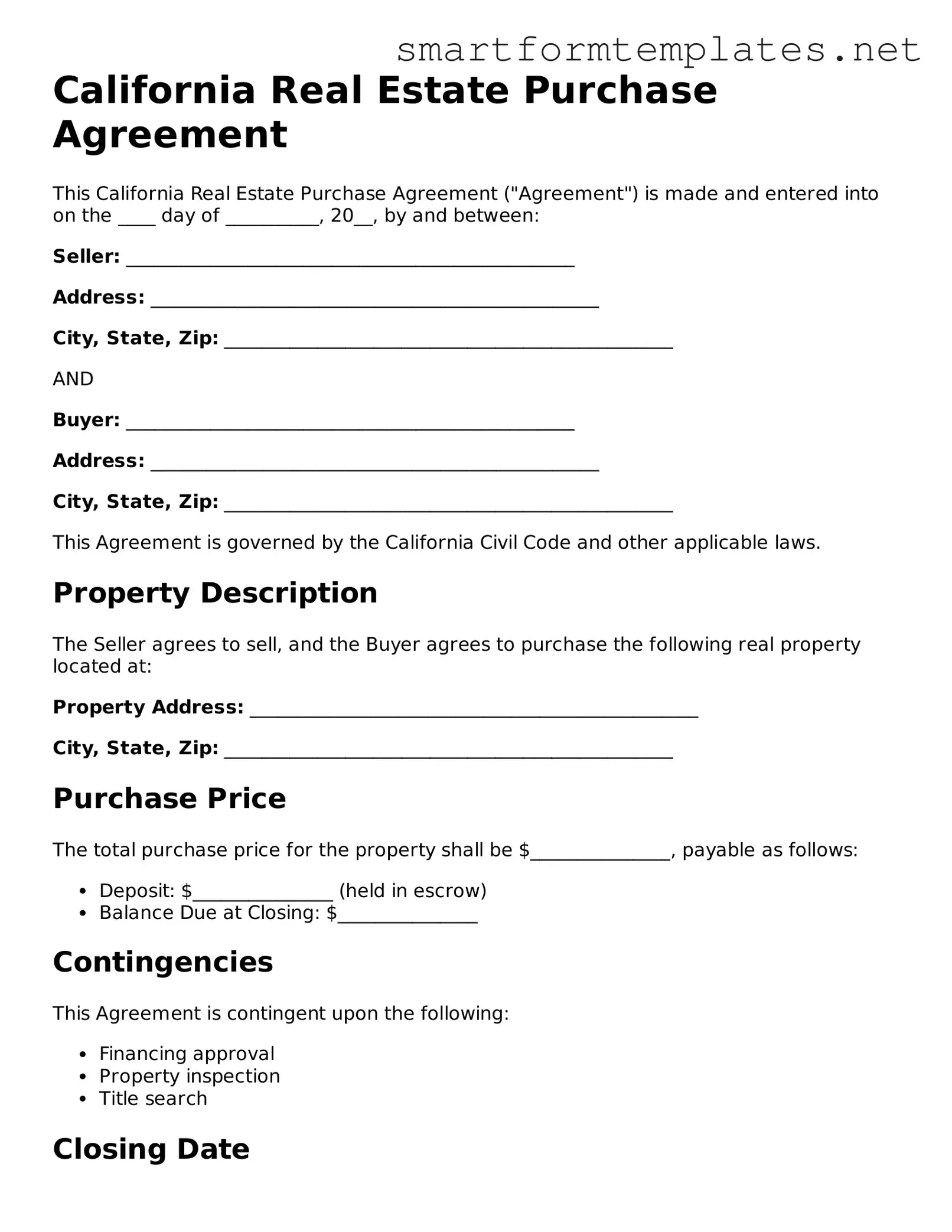 Official California Real Estate Purchase Agreement Form