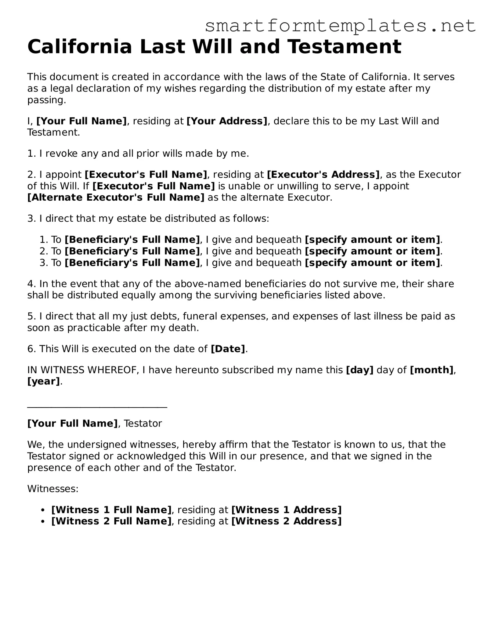Official California Last Will and Testament Form