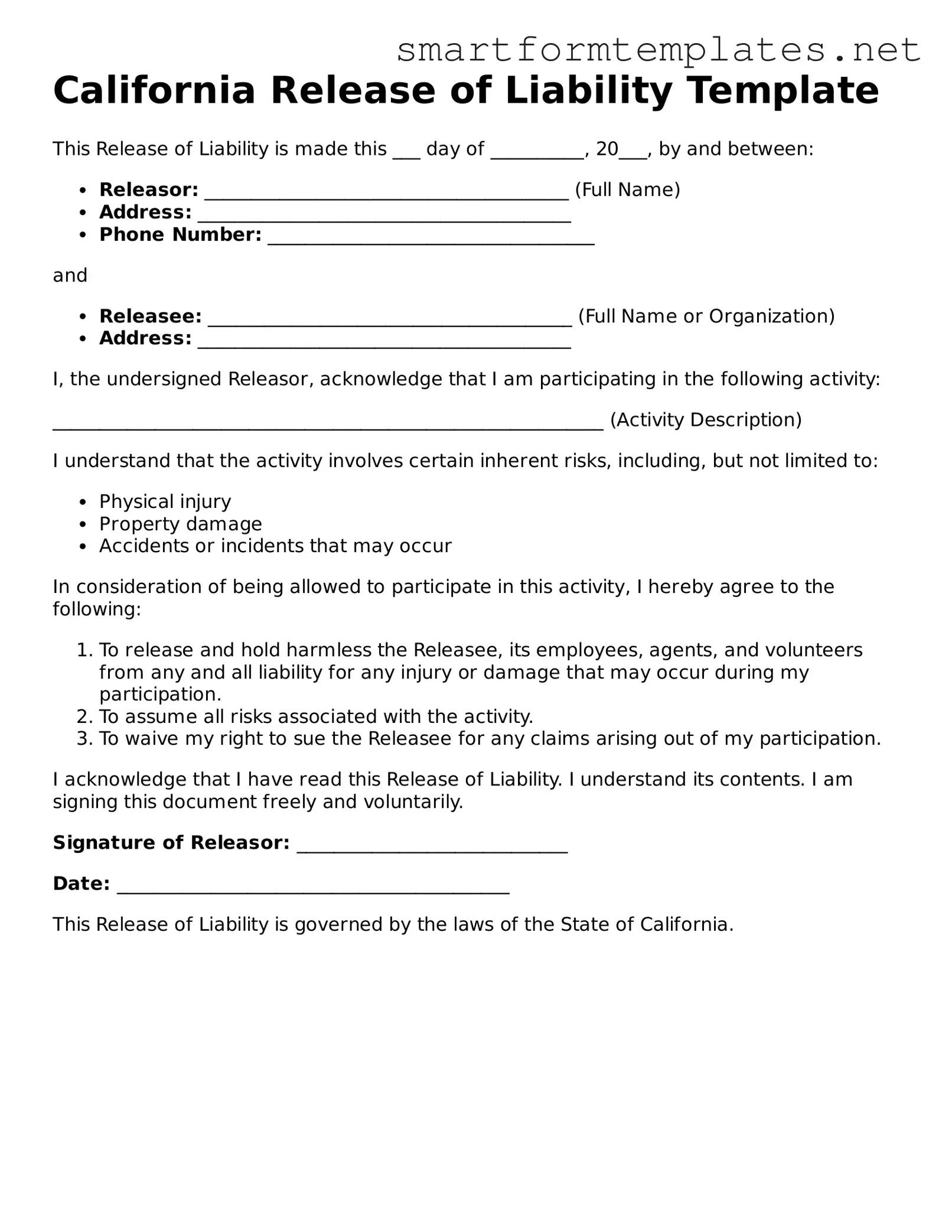 Official California Release of Liability Form