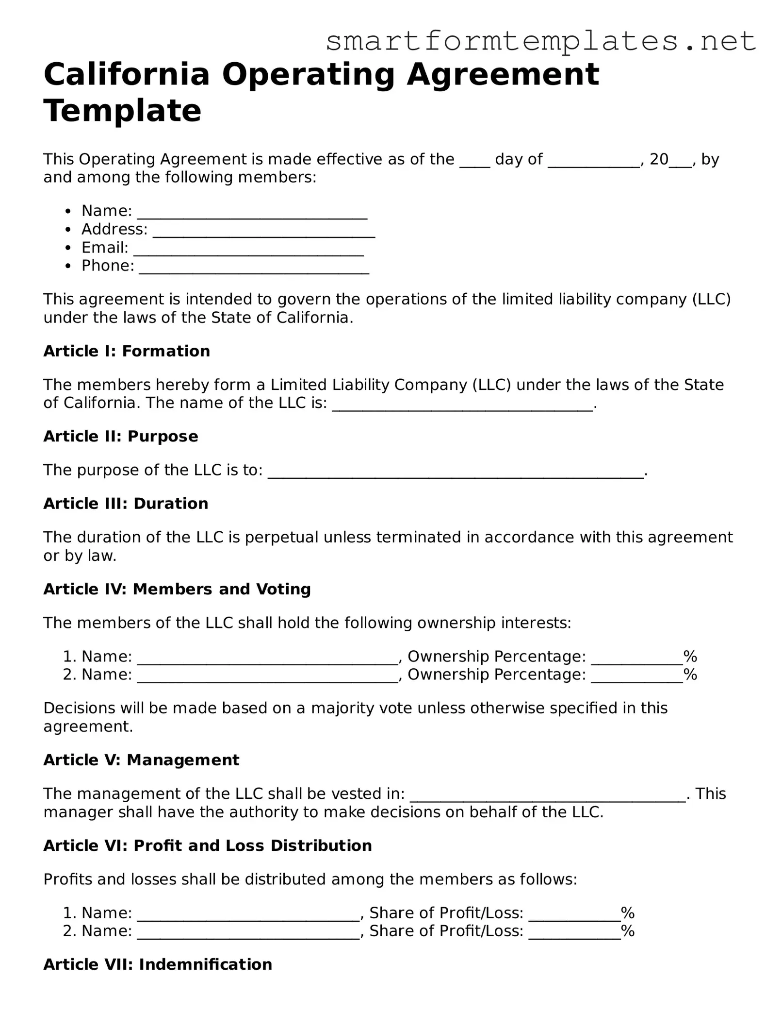 Official California Operating Agreement Form