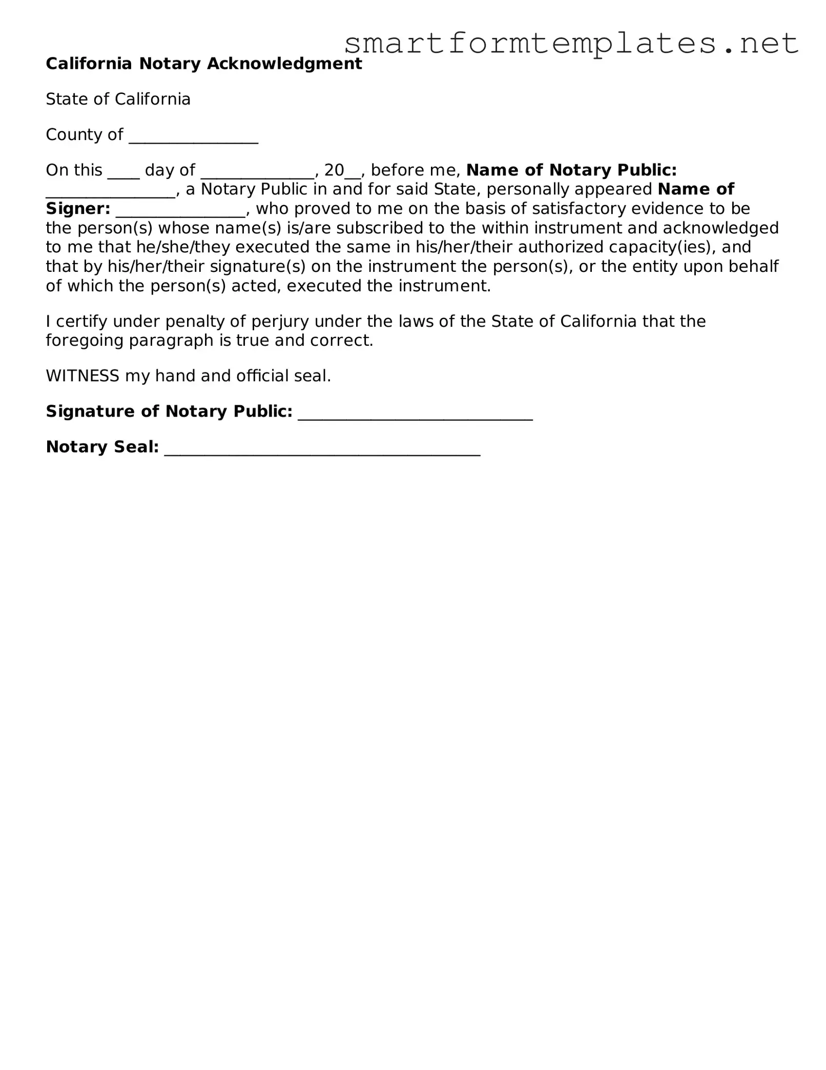 Official California Notary Acknowledgement Form