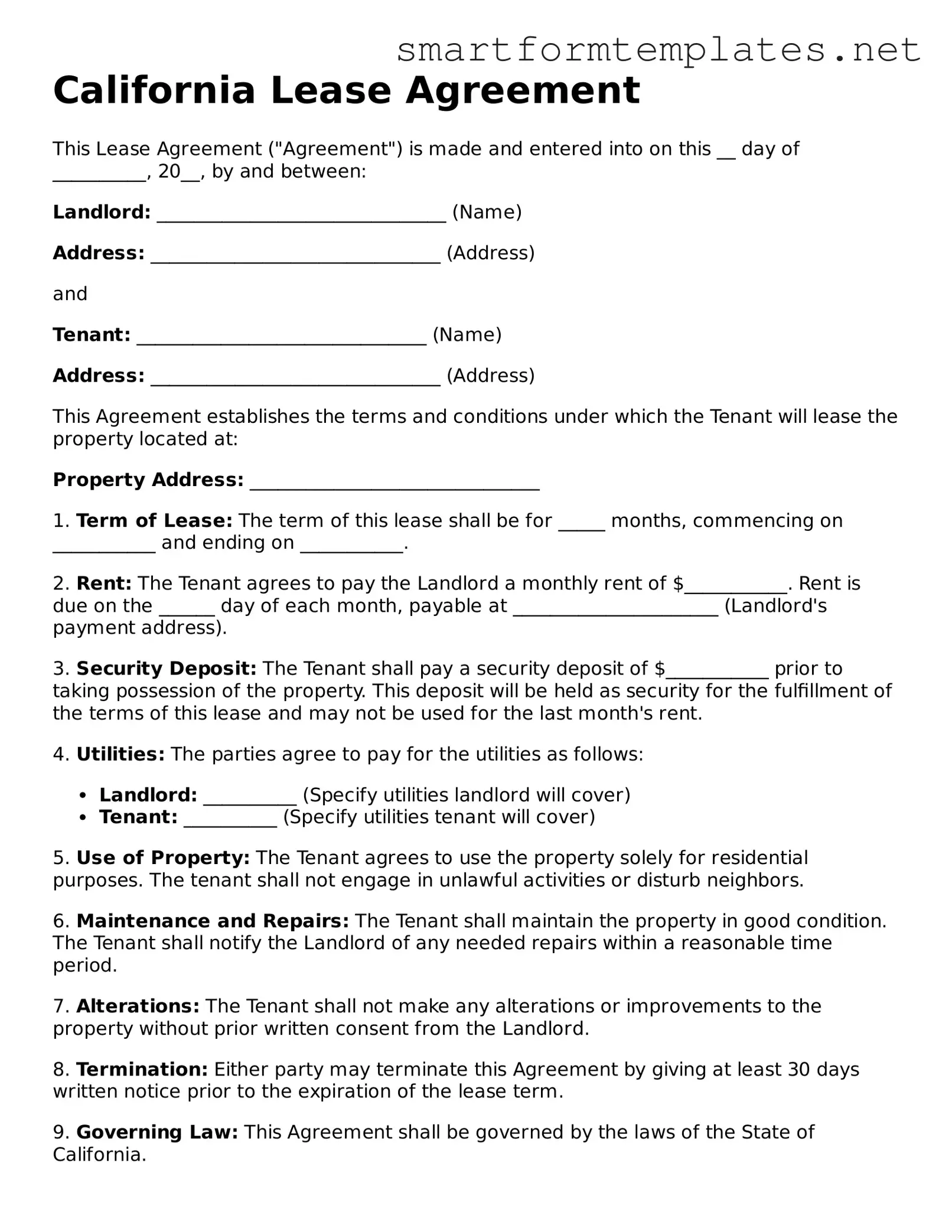 Official California Lease Agreement Form