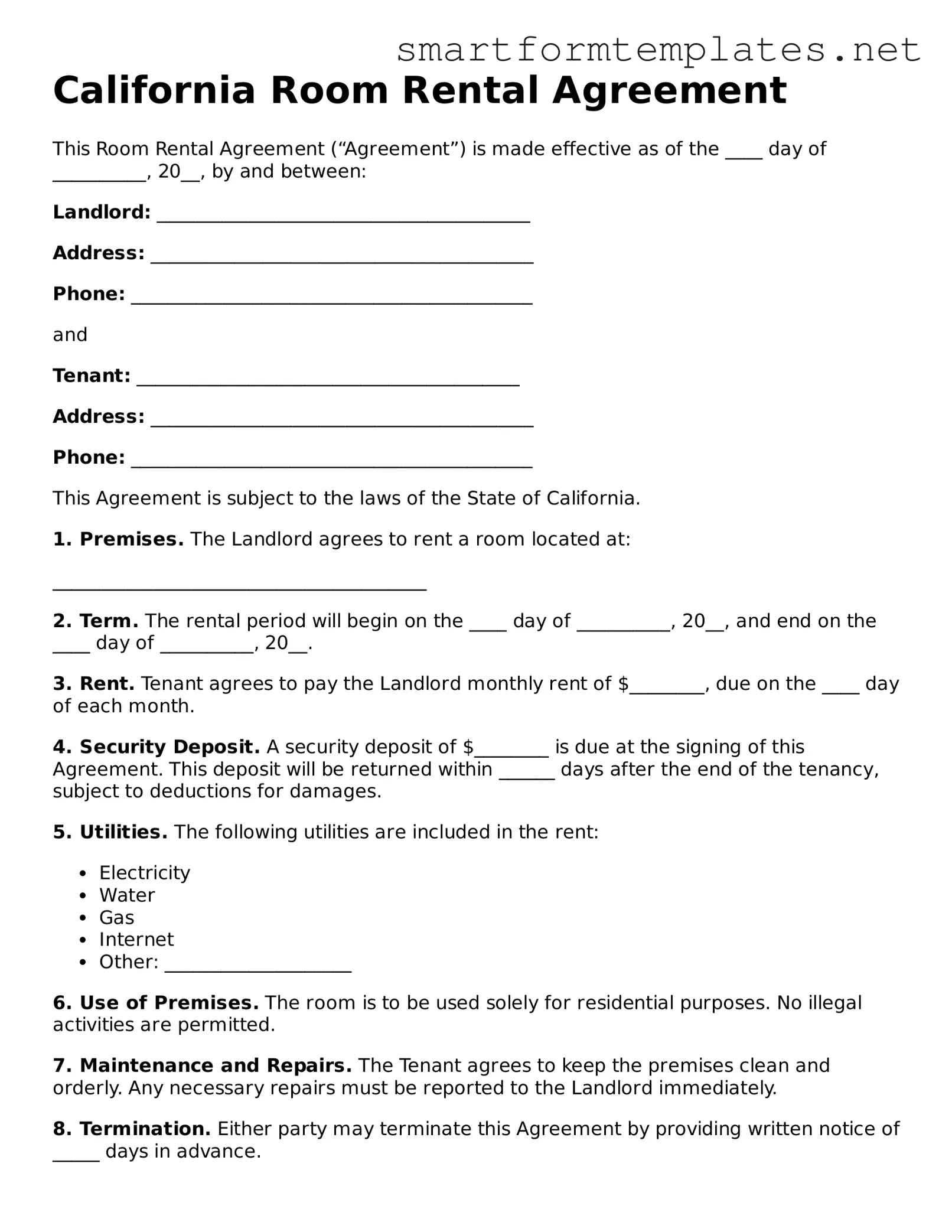 Official California Room Rental Agreement Form