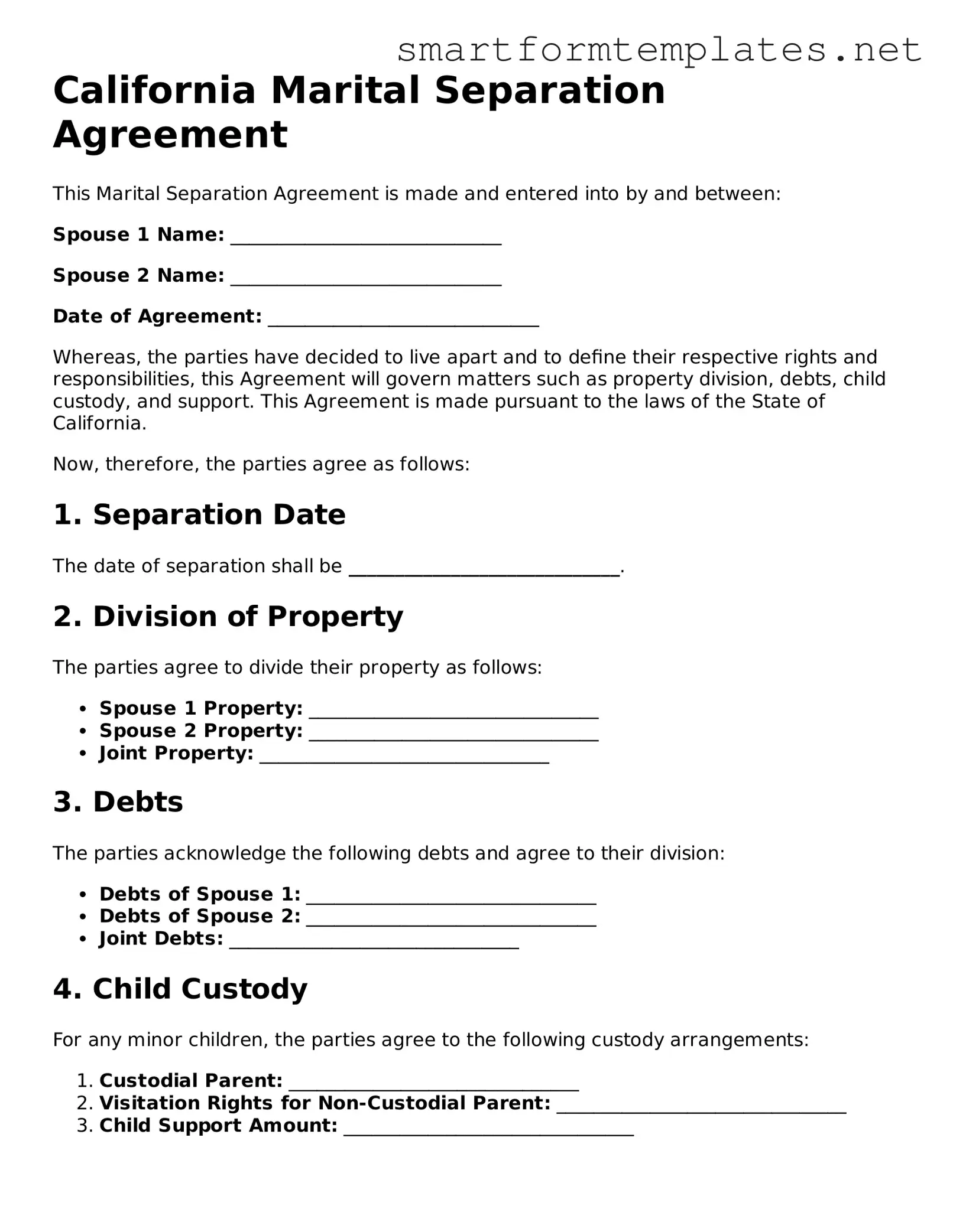 Official California Marital Separation Agreement Form