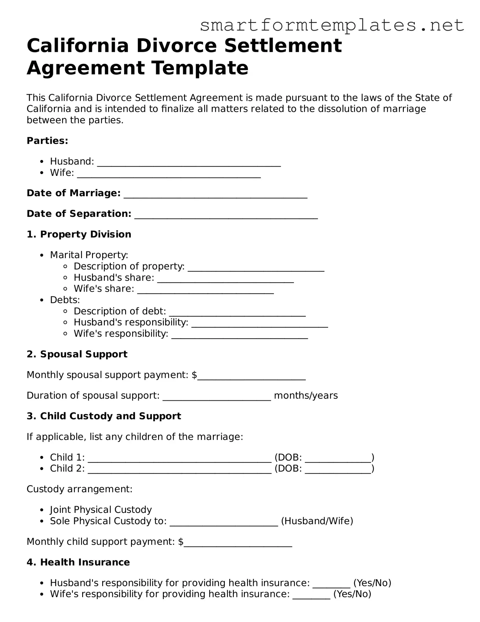 Official California Divorce Settlement Agreement Form