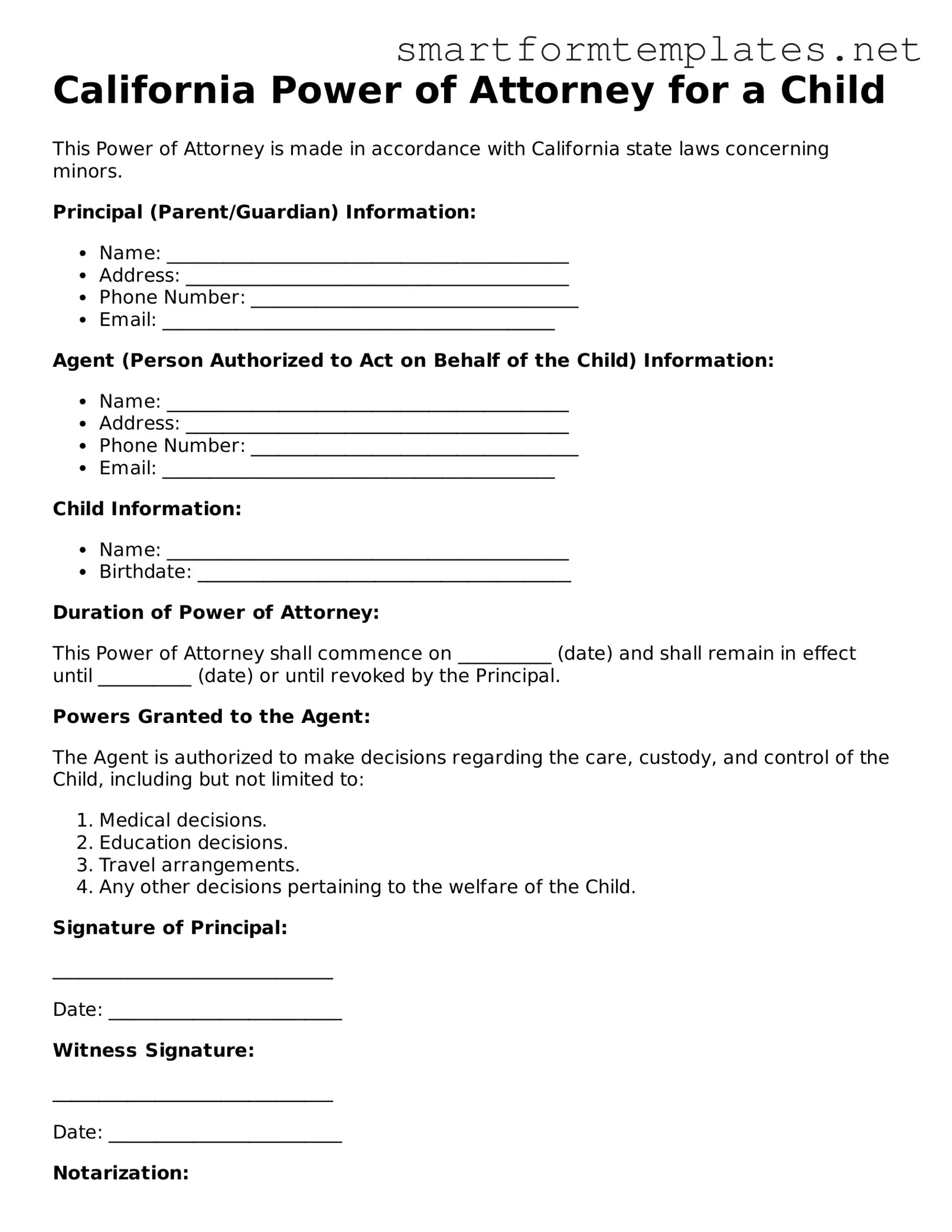 Official California Power of Attorney for a Child Form