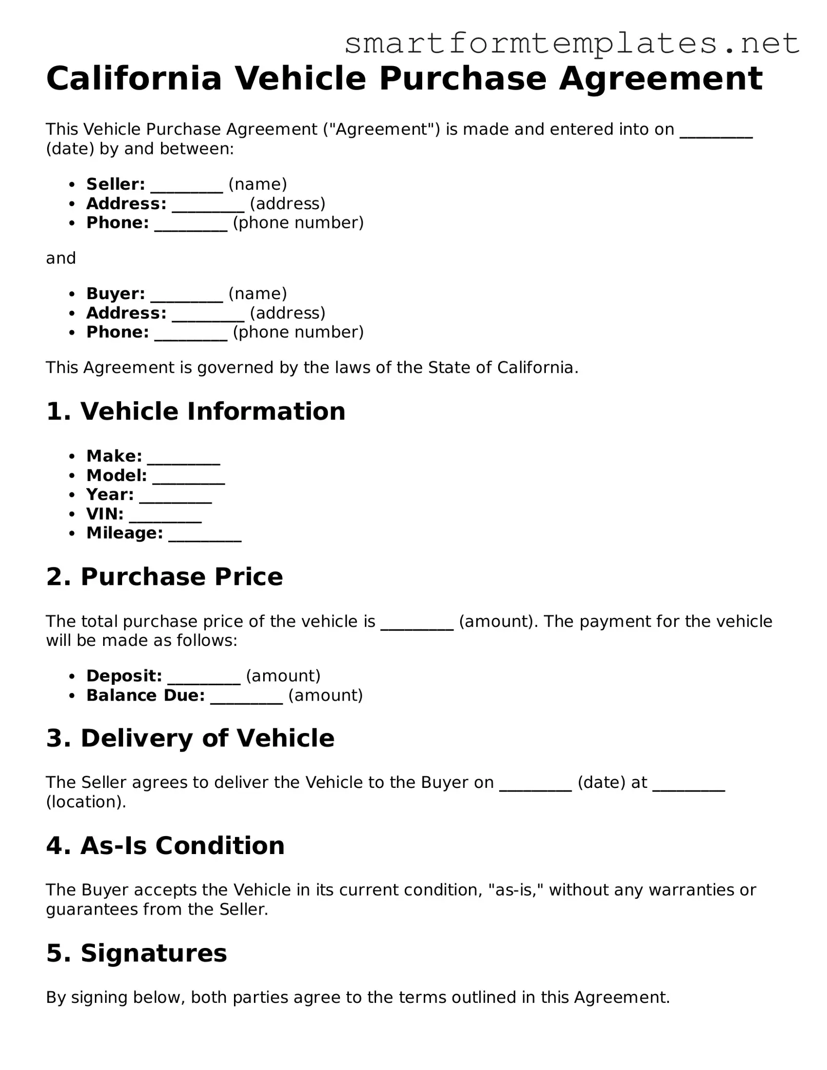 Official California Vehicle Purchase Agreement Form