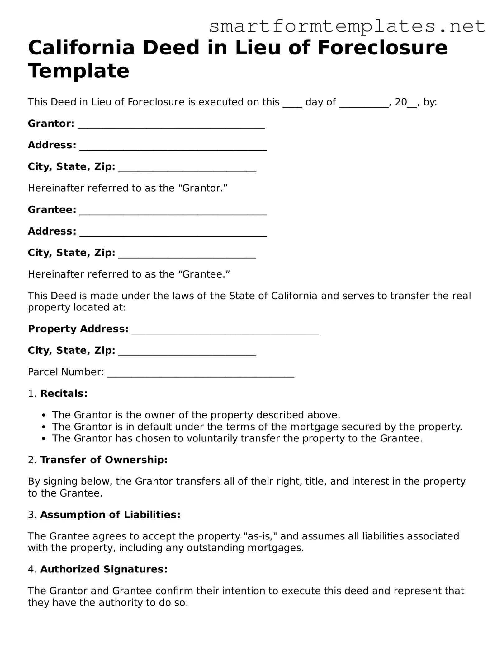 Official California Deed in Lieu of Foreclosure Form