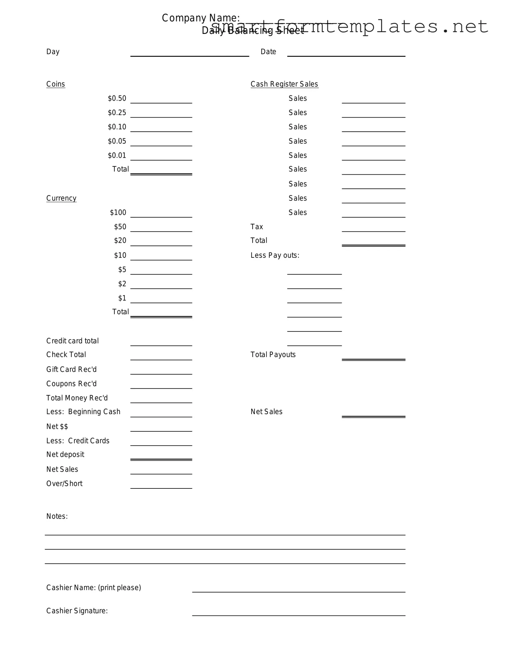 Free Cash Drawer Count Sheet PDF Form