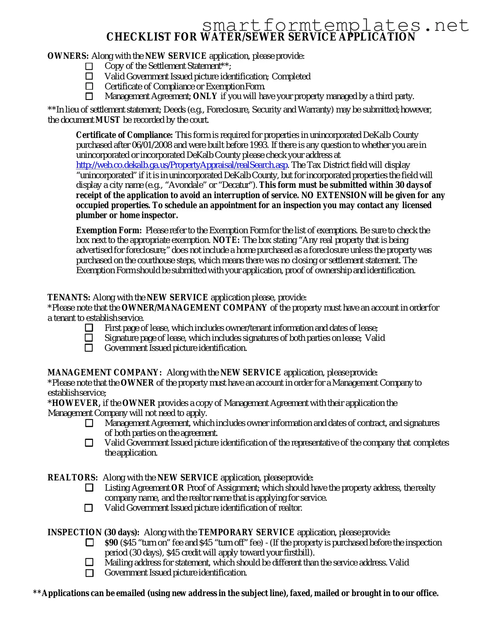 Free Dekalb County Water Application PDF Form